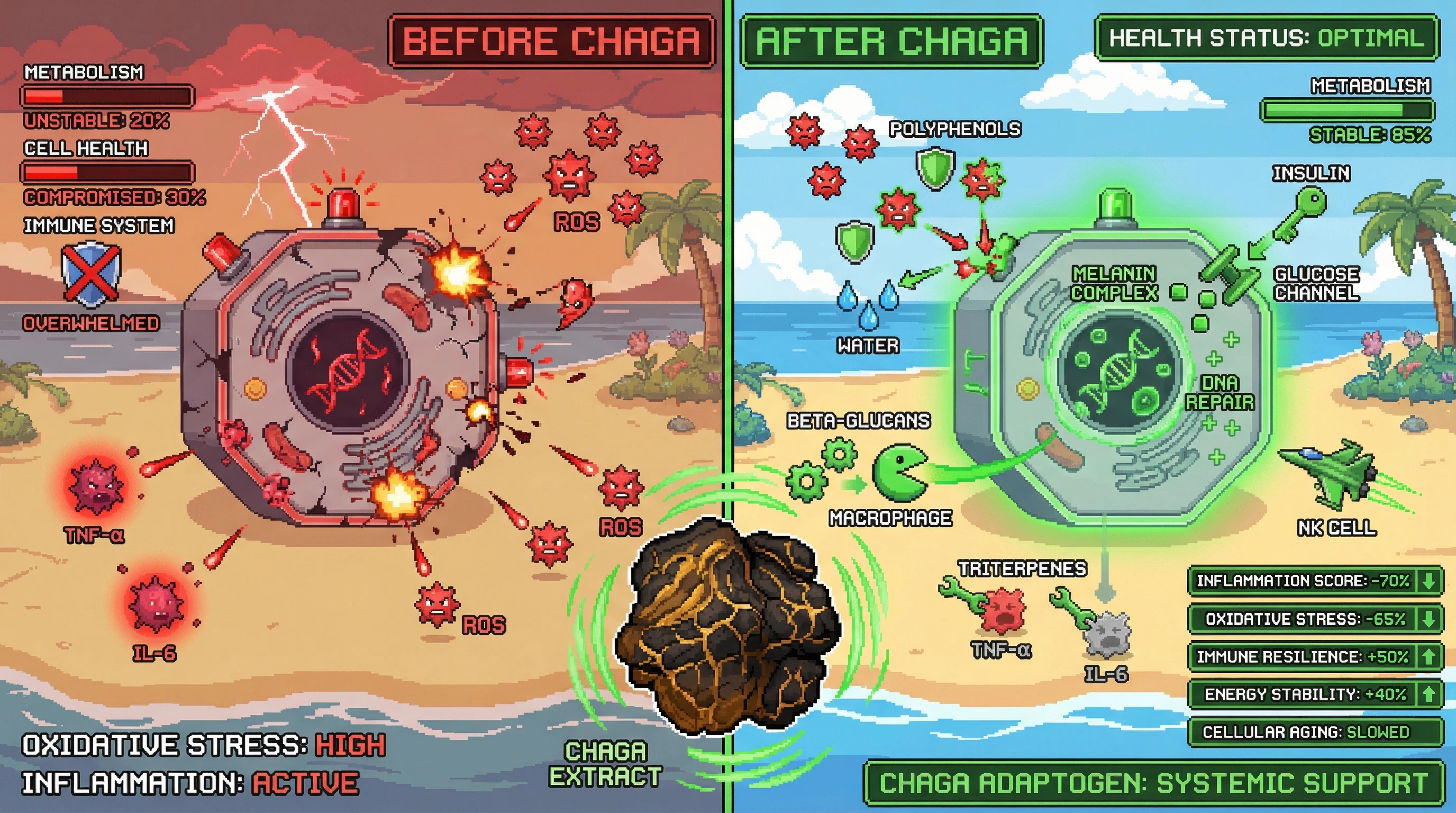 This infographic illustrates how Chaga mushroom, rich in compounds like polyphenols and beta-glucans, acts as a multi-pathway adaptogen to reduce inflammation and oxidative stress, modulate immunity, and support cellular health, as evidenced by improved health scores in a retro game interface.