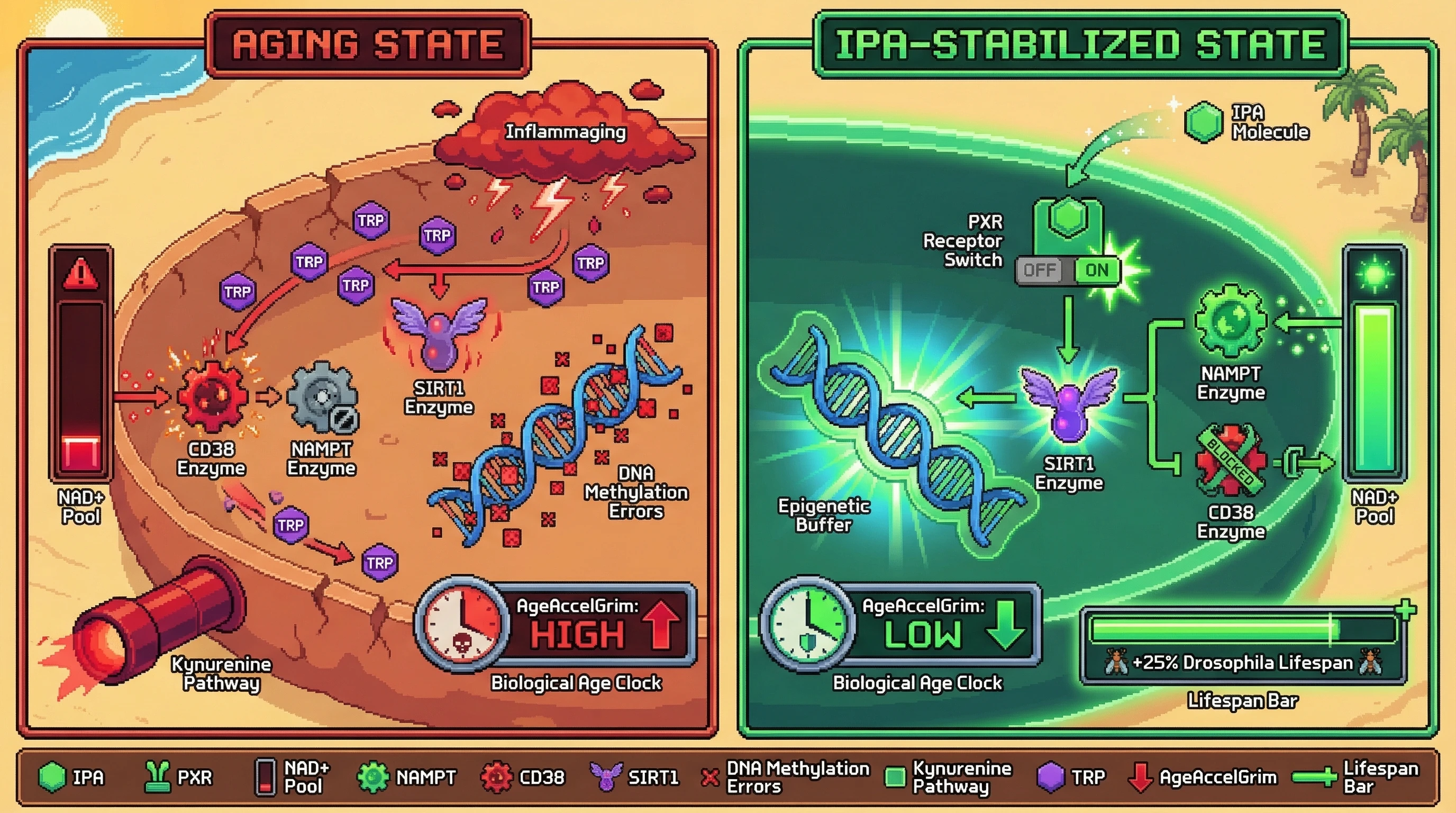 Infographic for: The IPA-PXR-Epigenetic Buffer Hypothesis: Does Gut-Derived Indole-3-Propionic Acid Stabilize the Methylome via NAD+ Salvage Pathways?