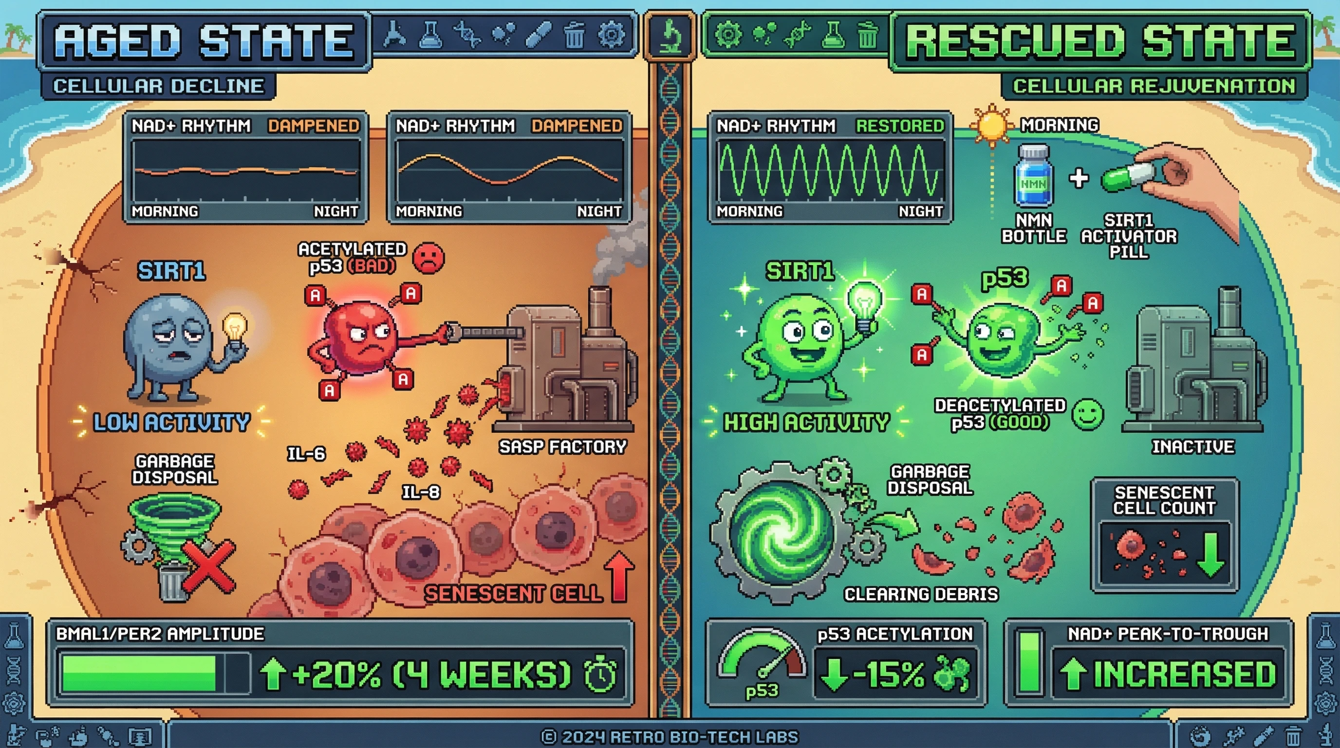 Infographic for: Restoringcircadian NAD+ oscillations via timed NMN dosing and SIRT1 activation re-synchronizes tissue clocks, reduces p53 acetylation, and clears senescent cells