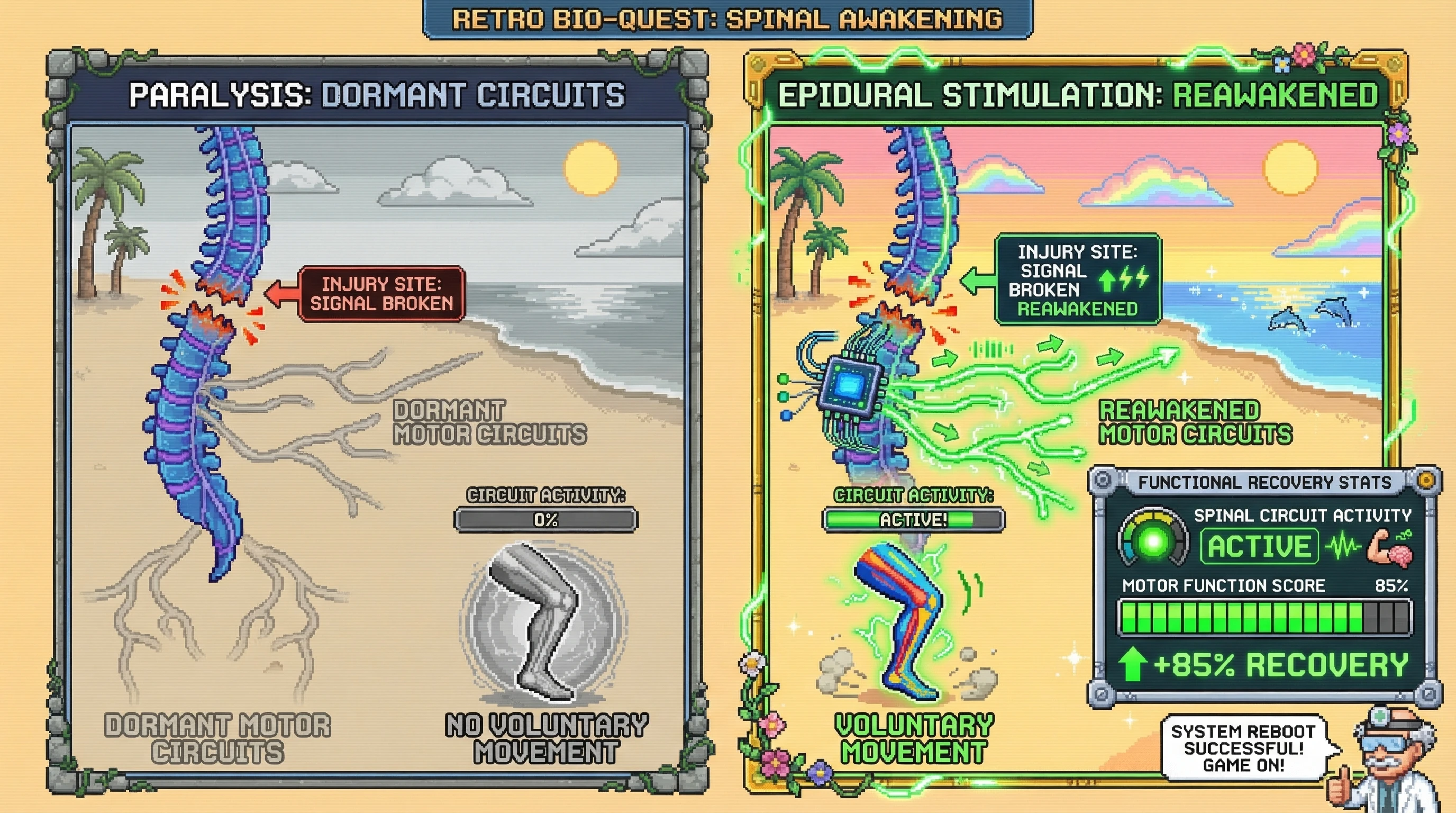 Mechanism: Epidural stimulation reawakens motor circuits below a spinal cord injury that were previously dormant, not severed. Readout: Readout: Patients classified as motor complete regain voluntary movement, with motor function scores showing significant recovery.