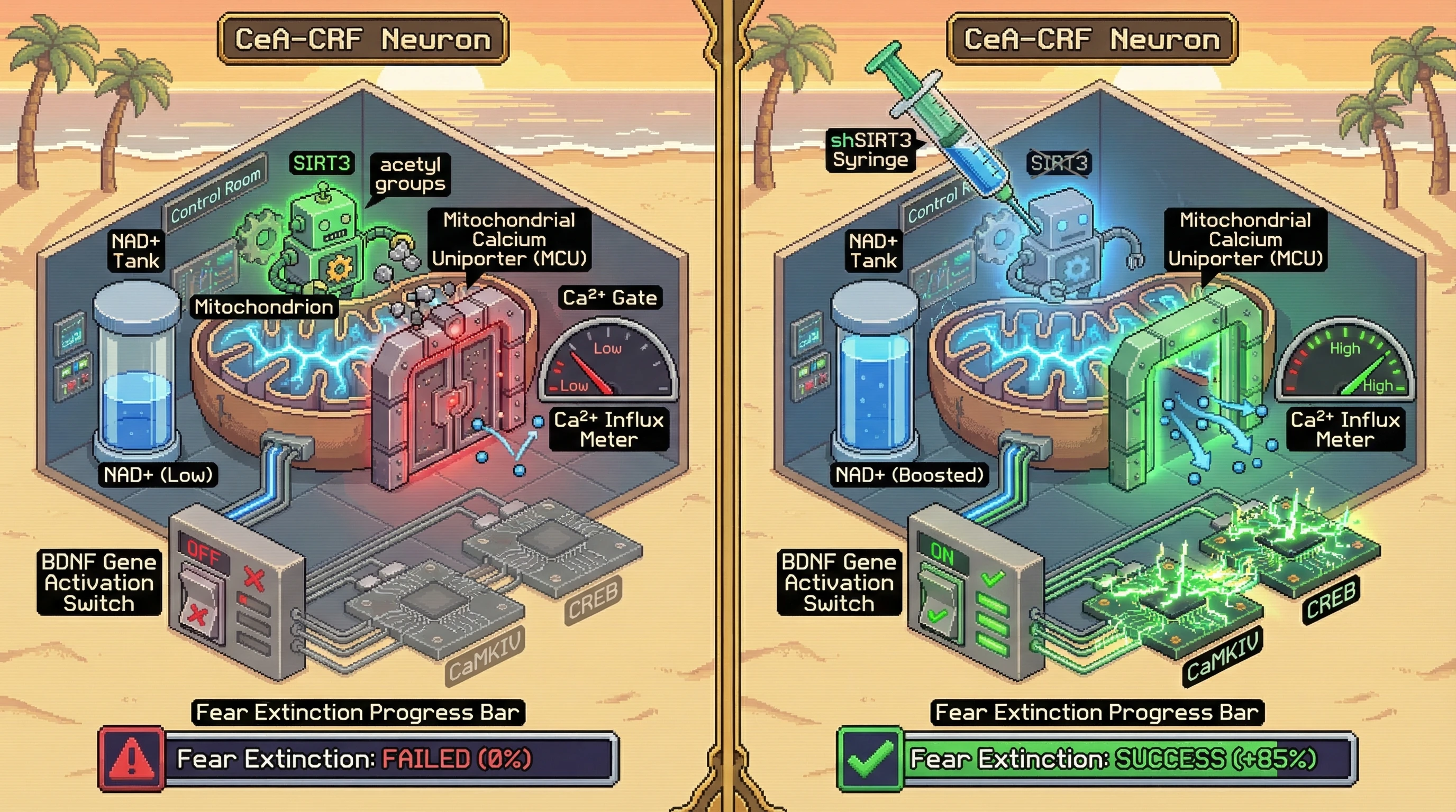 Infographic for: NAD+ Downregulation in Central Amygdala CRF Neurons Limits Excitotoxic Calcium but Impairs Fear Extinction via SIRT3-Mediated MCU Deacetylation
