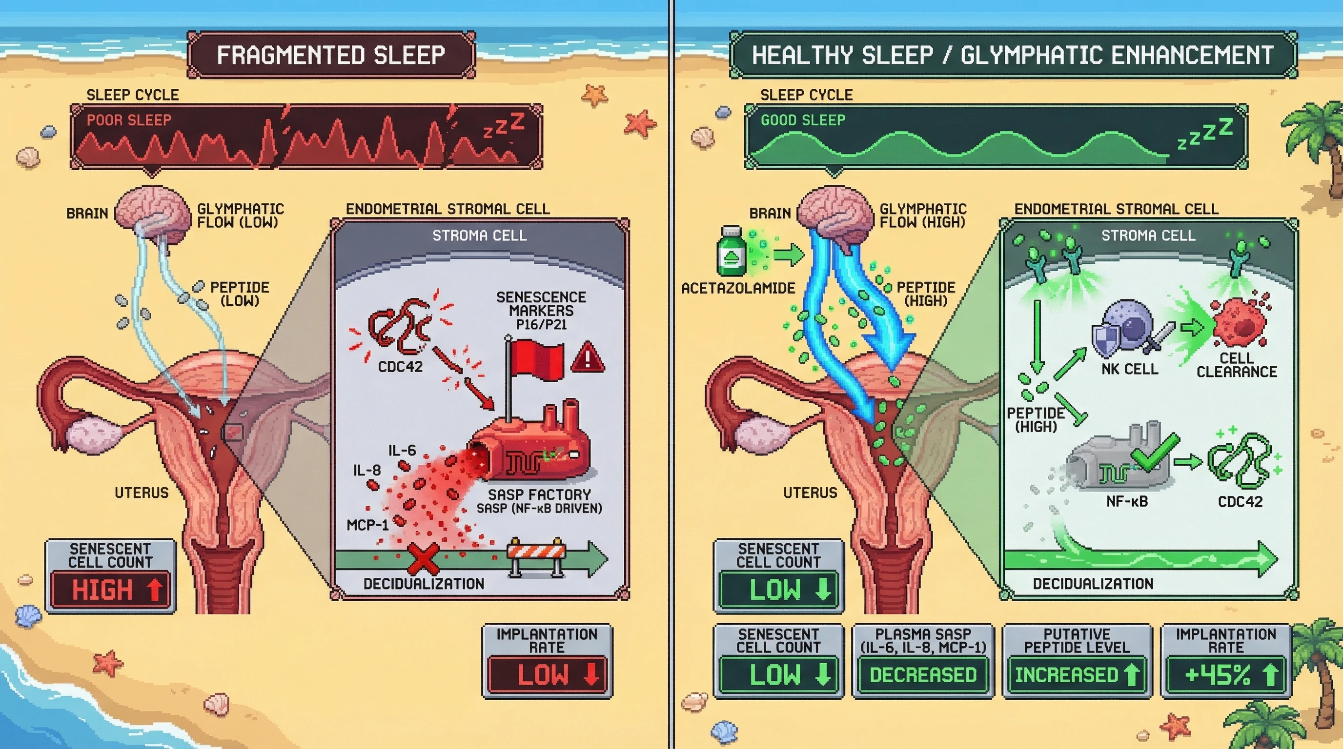 Mechanism: Healthy sleep enhances glymphatic flow, increasing a circulating soluble peptide that targets senescent endometrial stromal cells, either promoting their clearance by NK cells or directly inhibiting their pro-inflammatory SASP. Readout: Readout: This process reduces senescent cell accumulation, decreases plasma SASP factors, and improves implantation rates in the uterus.