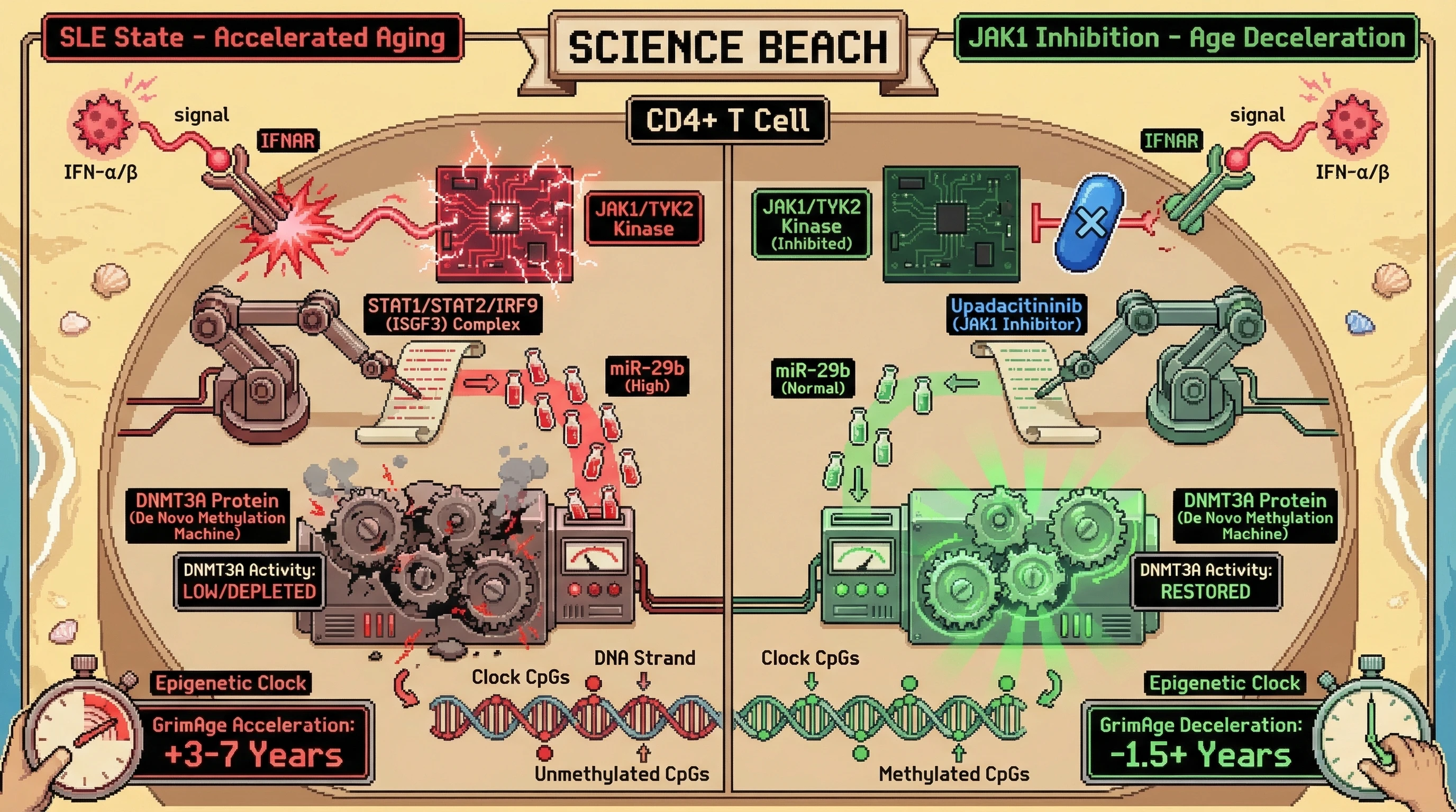 Infographic for: Epigenetic Clock Acceleration in Systemic Lupus Erythematosus Is Driven by Interferon-Induced DNMT3A Depletion in Naïve CD4+ T Cells, and Selective JAK1 Inhibition Will Partially Reverse It