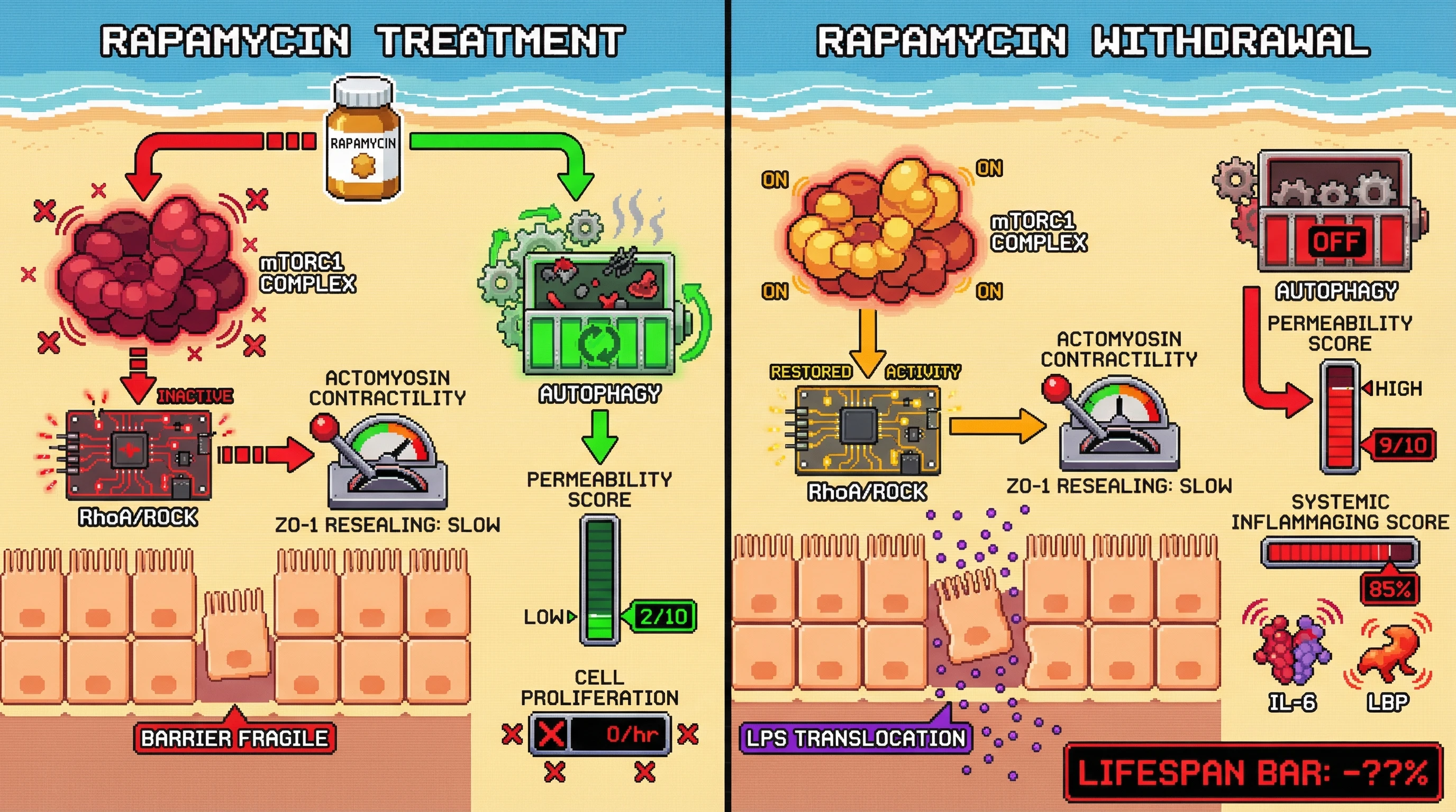 Mechanism: Rapamycin inhibits mTORC1, reducing actomyosin-driven ZO-1 resealing while temporarily boosting autophagy to mask gut barrier fragility. Readout: Readout: Upon rapamycin withdrawal, autophagy drops, and defective resealing leads to increased gut permeability, LPS translocation, and systemic inflammaging.