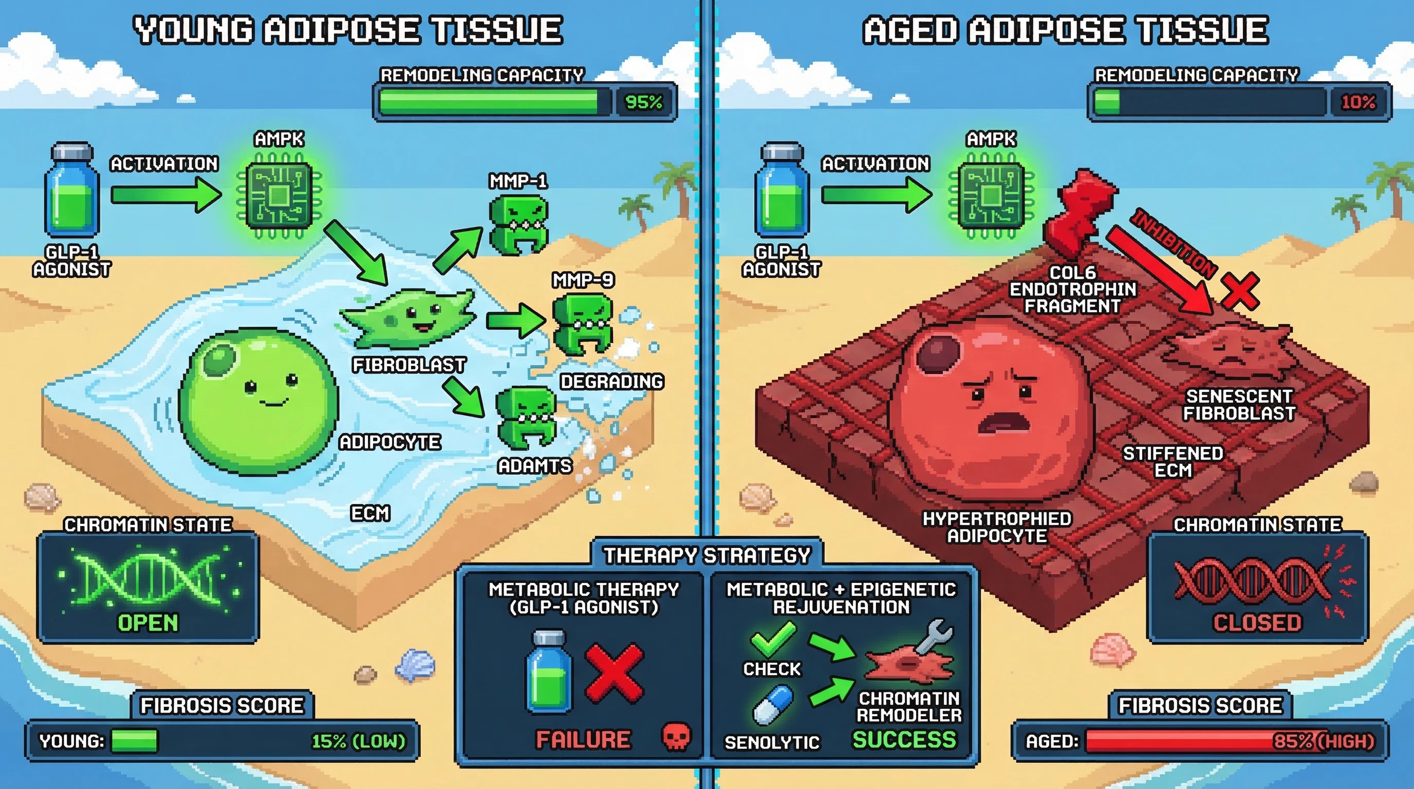 Infographic for: Hypothesis: The ‘Senescence-Mechanosensing Feedback Loop’—Aging-Driven Impairment of Fibroblast Plasticity as a Gateway to Irreversible Adipose Encapsulation