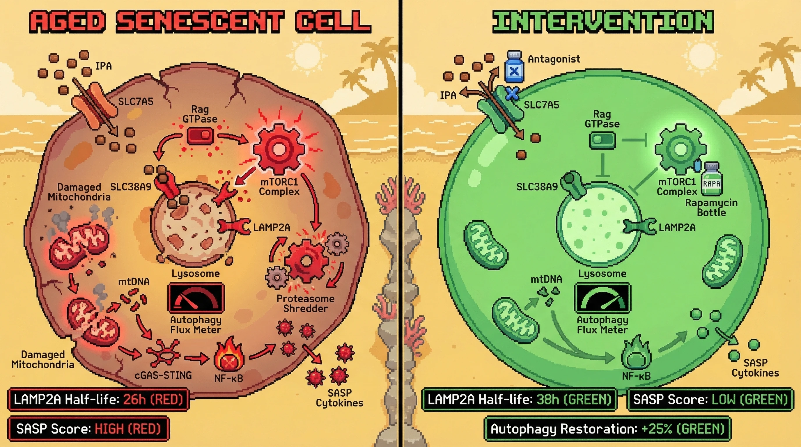 Mechanism: Gut-derived Indole-3-Propionic Acid (IPA) accumulates with age, hyperactivating mTORC1 via SLC38A9, which destabilizes LAMP2A and blocks autophagy. Readout: Readout: This leads to increased SASP cytokines, reduced LAMP2A half-life (26h from 38h), and suppressed autophagy flux, which can be reversed by blocking IPA uptake or mTORC1.