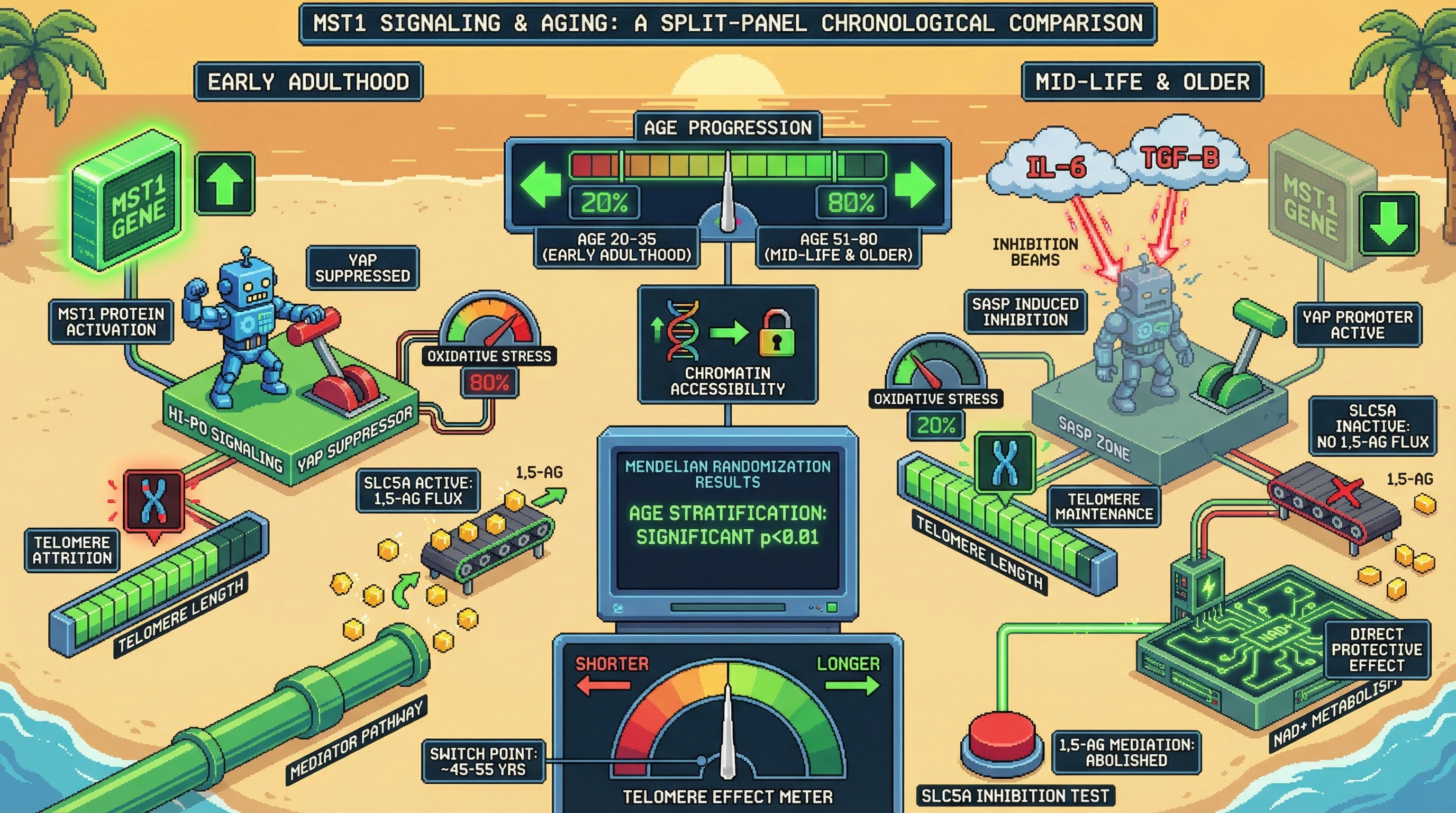 Infographic for: Age‑StratifiedMendelian Randomization Reveals Temporal Switching of Protein Effects on Telomere Length