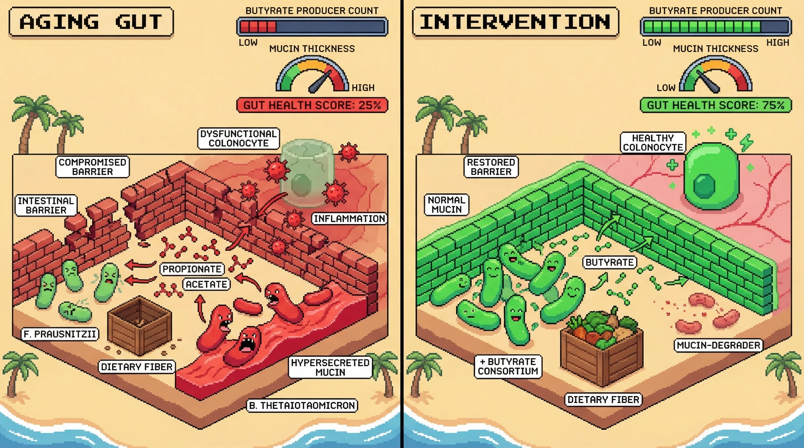 Infographic for: The Mucin-Competition Feedback Hypothesis: Active Ecological Displacement of Butyrate Producers in the Aging Gut
