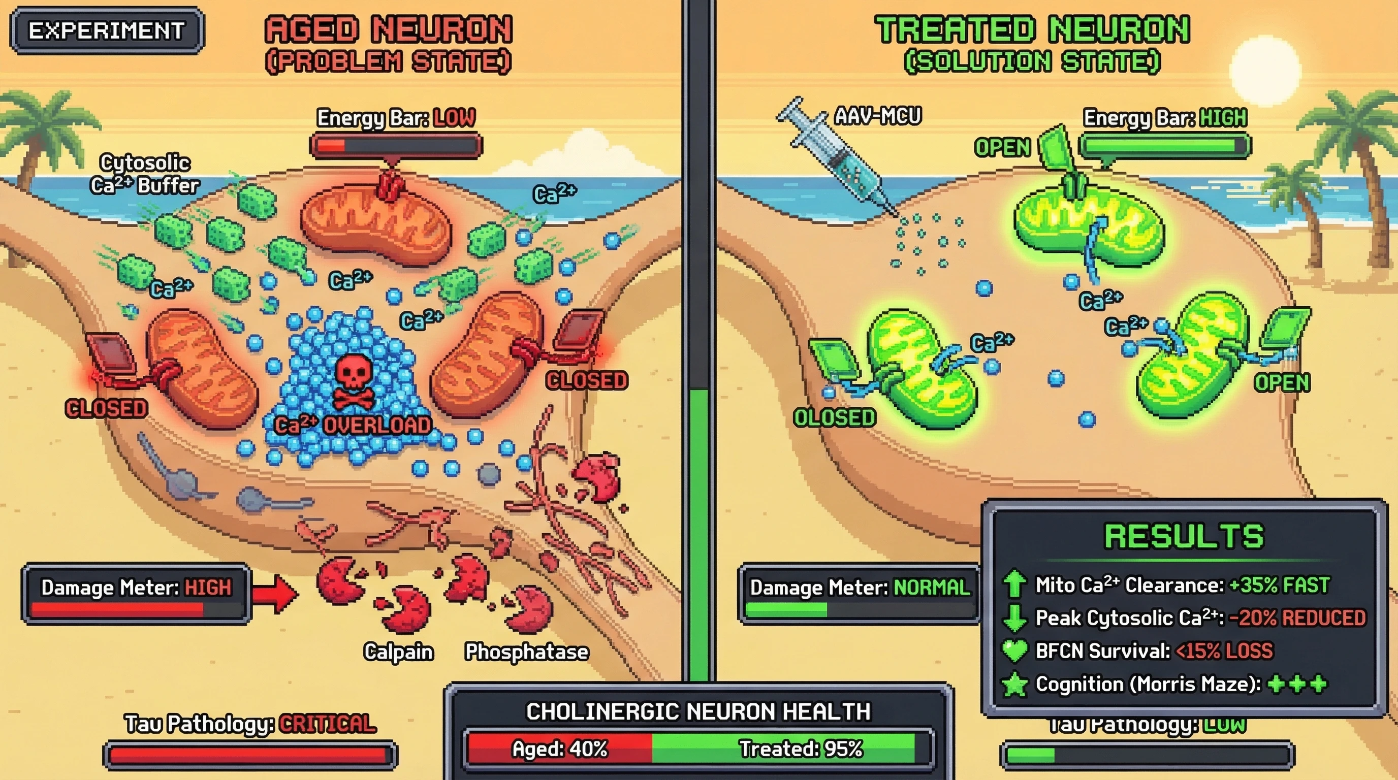 Infographic for: Mitochondrial Calcium Uptake as the Rate‑Limiting Step Linking Cytosolic Buffering to Excitotoxic Vulnerability in Aging Basal Forebrain Cholinergic Neurons