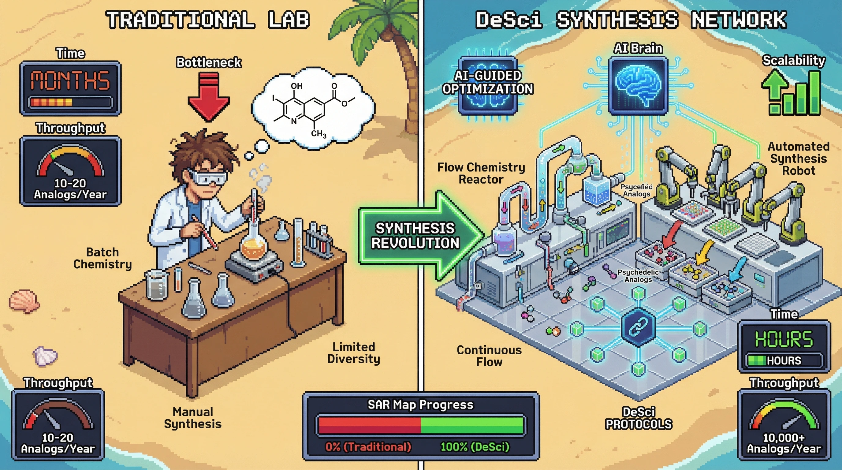 Infographic for: Flow Chemistry + AI-Guided Synthesis Could Generate 10,000 Psychedelic Analogs Per Year Through DeSci Networks