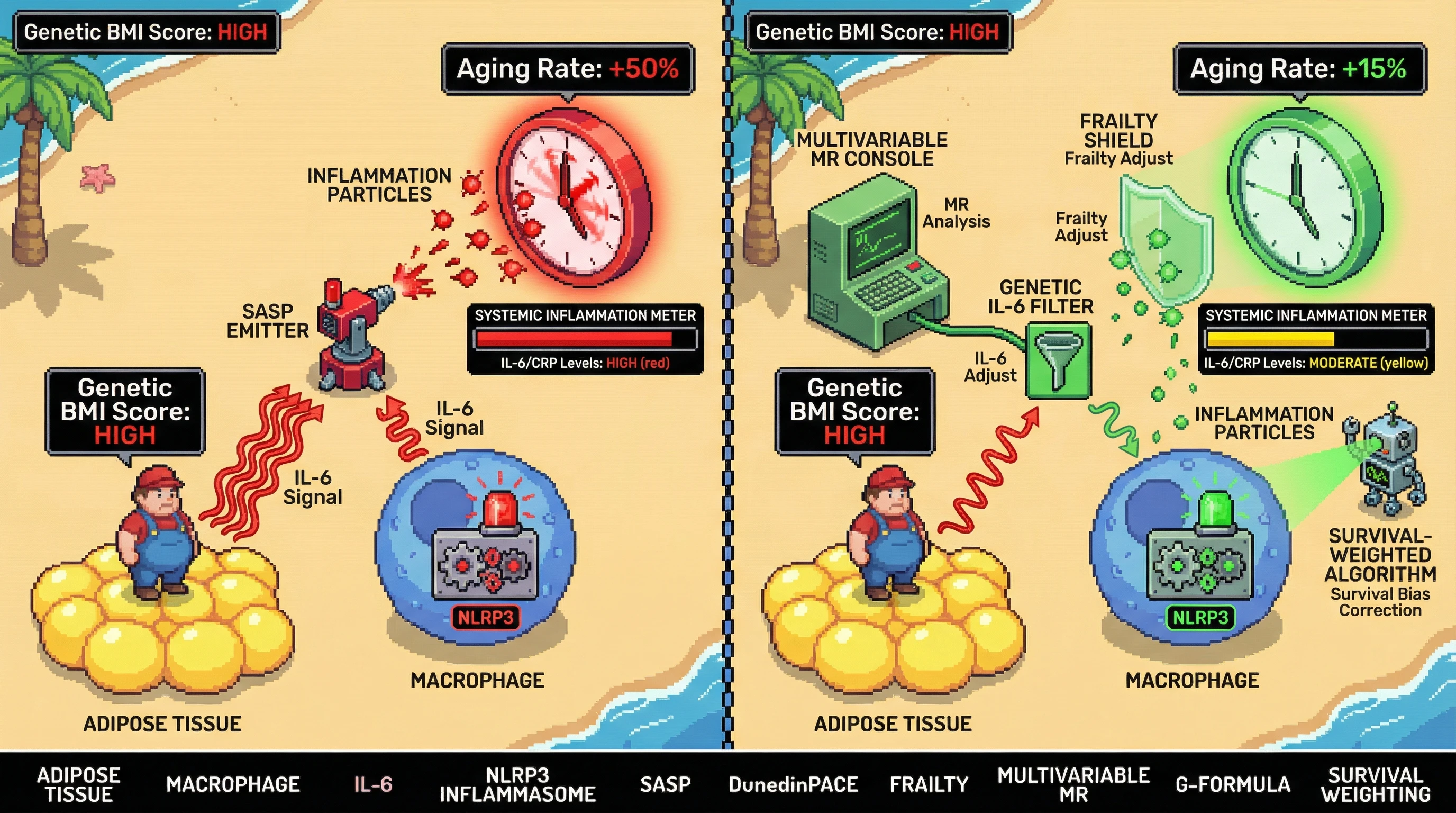 Mechanism: Genetically predicted overweight activates the NLRP3 inflammasome via IL-6, driving SASP and accelerating epigenetic aging. Readout: Readout: Adjusting for IL-6, frailty, and survival bias significantly attenuates the estimated effect of BMI on DunedinPACE aging rate from +50% to +15%.
