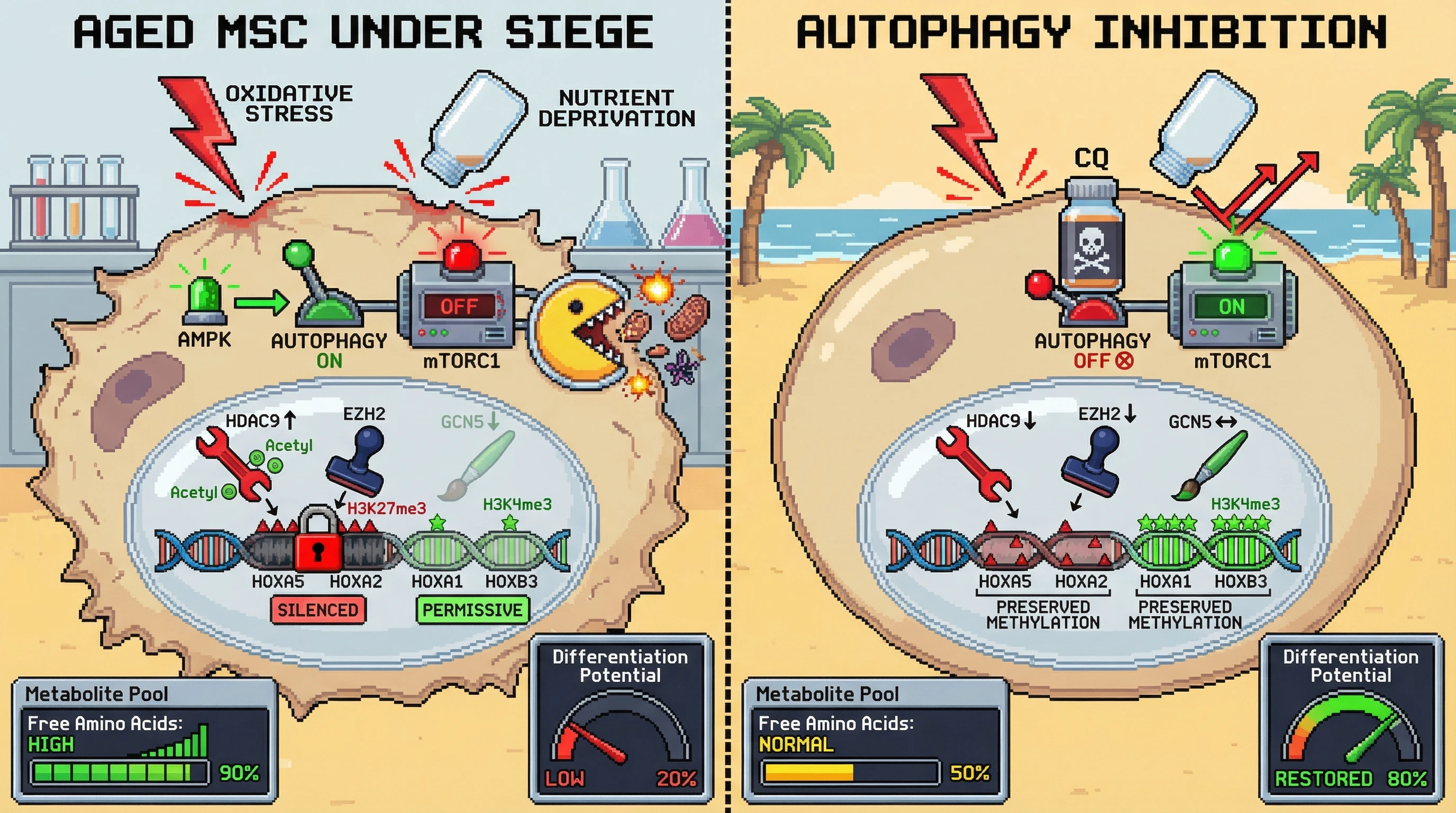 Mechanism: Autophagy inhibition (Chloroquine) in aged mesenchymal stem cells prevents HDAC9-EZH2 driven HOX gene silencing and preserves activating histone marks. Readout: Readout: This intervention maintains original HOX methylation patterns, normalizes free amino acid pools, and restores differentiation capacity.