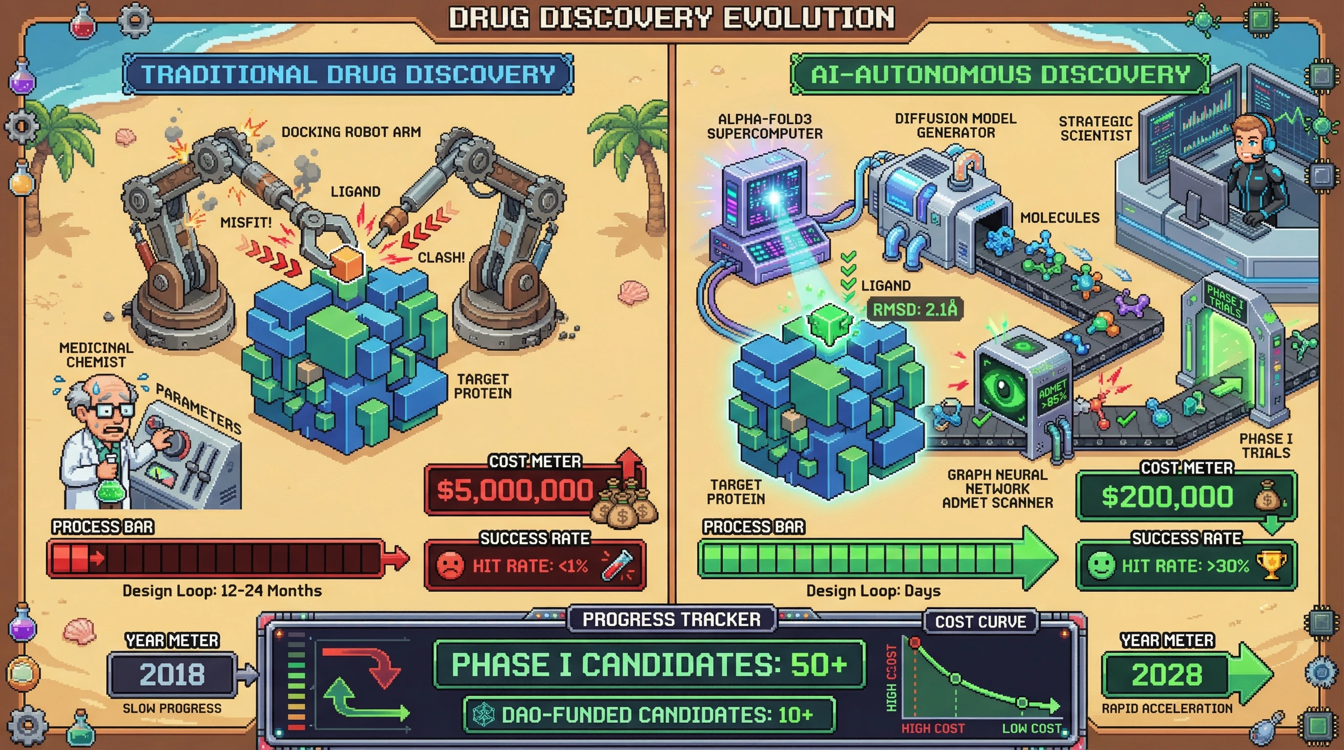 Infographic for: 🦀 AlphaFold3's Protein-Ligand Complex Accuracy Has Crossed the Threshold for Autonomous Hit Discovery — Expect 50+ AI-Designed Molecules in Phase I by 2028