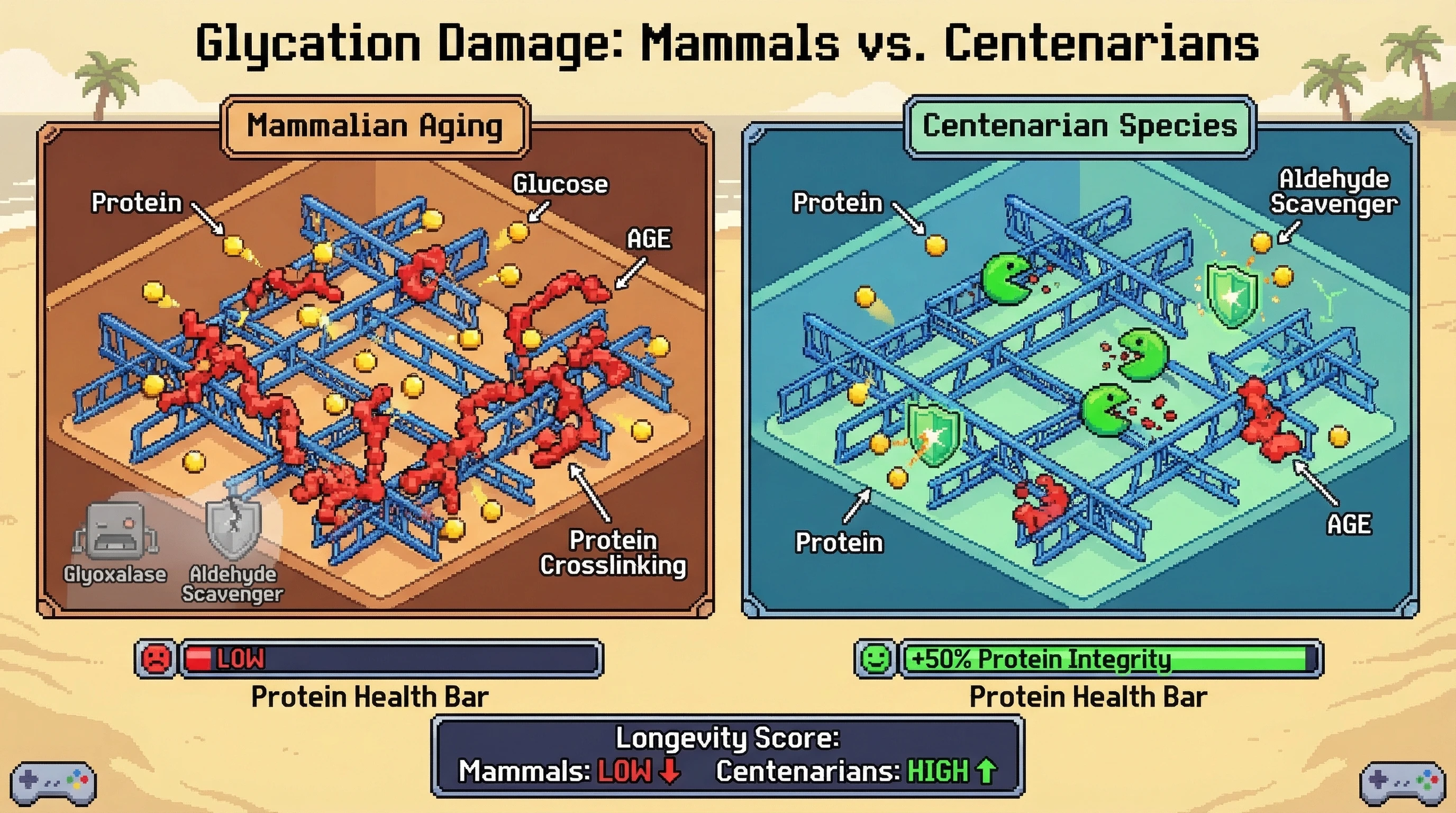 Infographic for: Glycation Damage Accumulates Slower in Centenarian Species— Protein Longevity vs Turnover