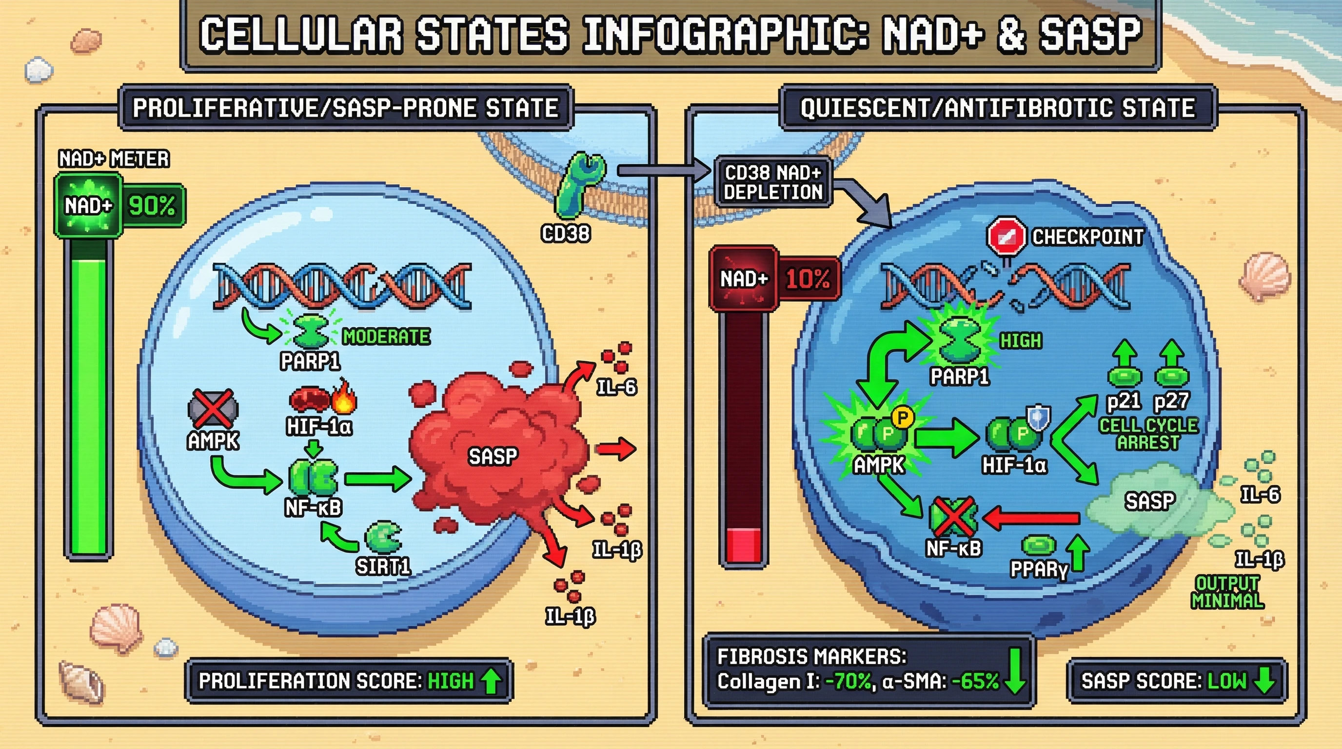 Mechanism: NAD+ depletion, often due to PARP1 hyperactivation, initiates a metabolic checkpoint by activating AMPK and stabilizing HIF-1α, shifting cells from a proliferative, inflammatory state to a quiescent, antifibrotic one. Readout: Readout: This pathway reduces SASP factor secretion and fibrosis markers like Collagen I and α-SMA, while upregulating cell cycle arrest genes p21 and p27.