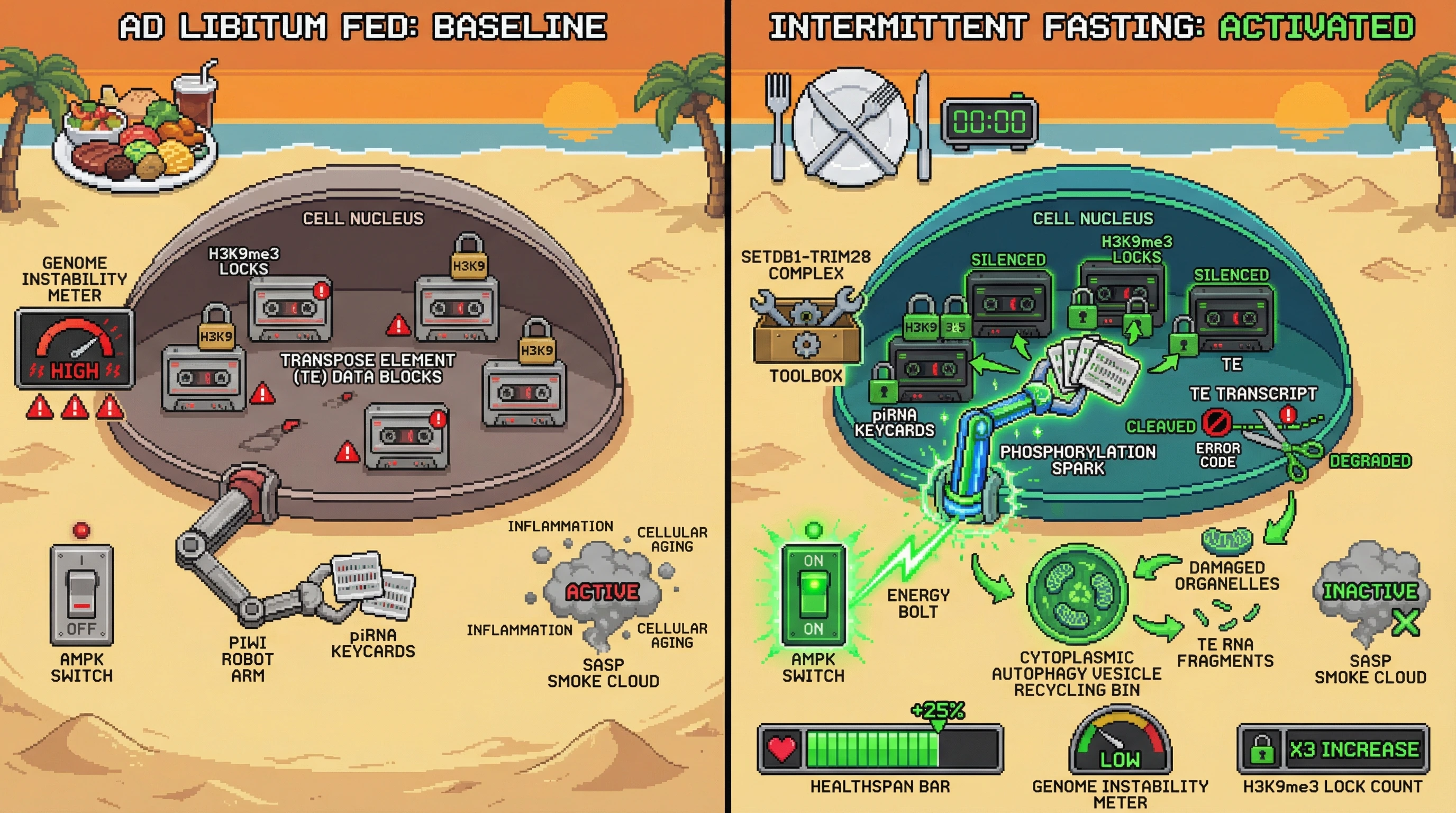 Infographic for: AMPK‑driven PIWI activation confers germline‑like transposon silencing to somatic cells during fasting