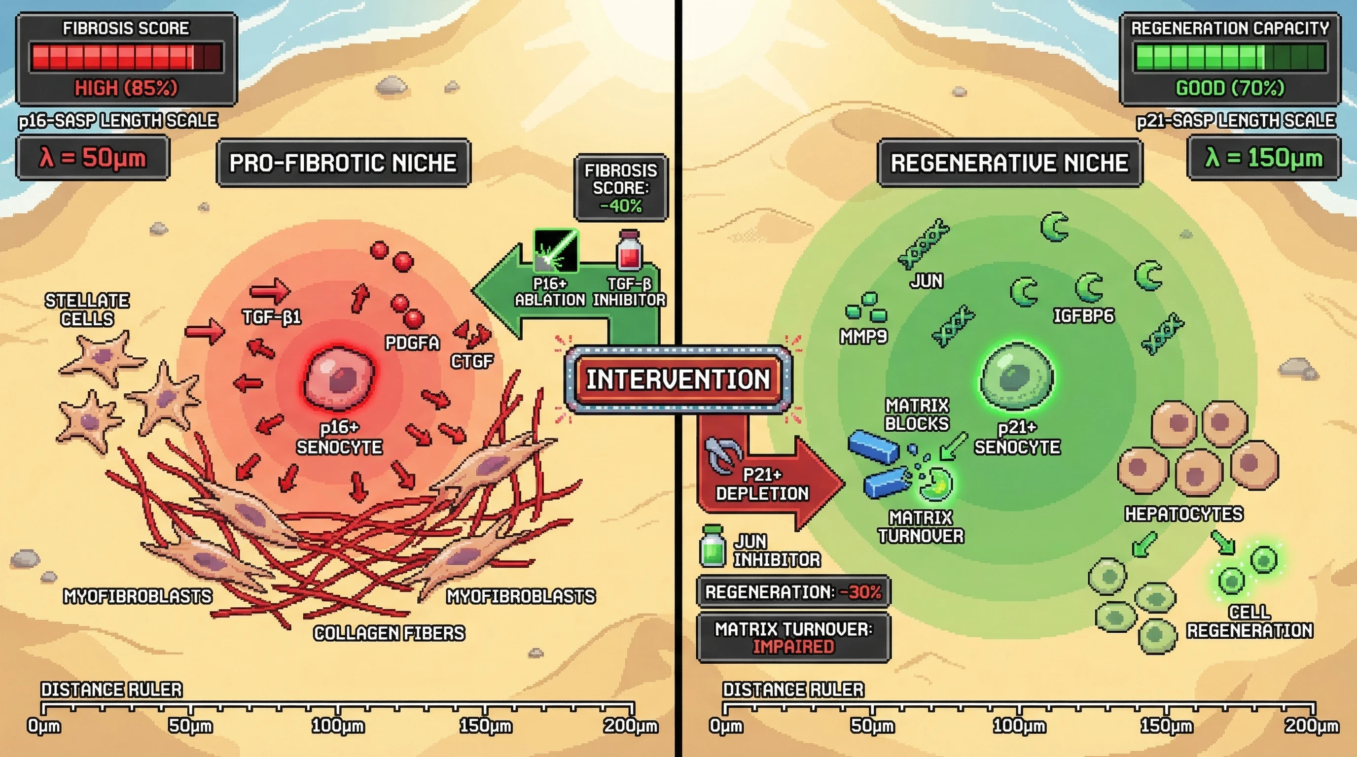 Mechanism: p16+ senescent cells create a steep, localized SASP gradient (TGF-β1, Pdgfa, Ctgf) promoting fibrosis, while p21+ senescent cells generate a broader SASP gradient (Jun, Mmp9, Igfbp6) driving regeneration. Readout: Readout: Ablating p16+ cells or inhibiting TGF-β significantly reduces fibrosis, whereas p21+ depletion or Jun inhibition impairs regeneration and matrix turnover.