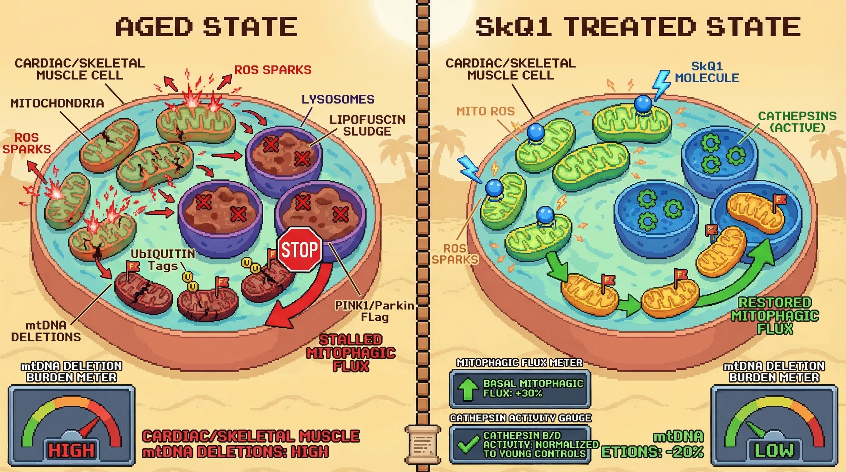 Mechanism: SkQ1 quenches mitochondrial ROS, preventing lipofuscin buildup and restoring lysosomal cathepsin activity, thereby clearing stalled mitophagy in aged cells. Readout: Readout: mtDNA deletions decrease by 20%, mitophagic flux increases by 30%, and cathepsin activity normalizes to young control levels.
