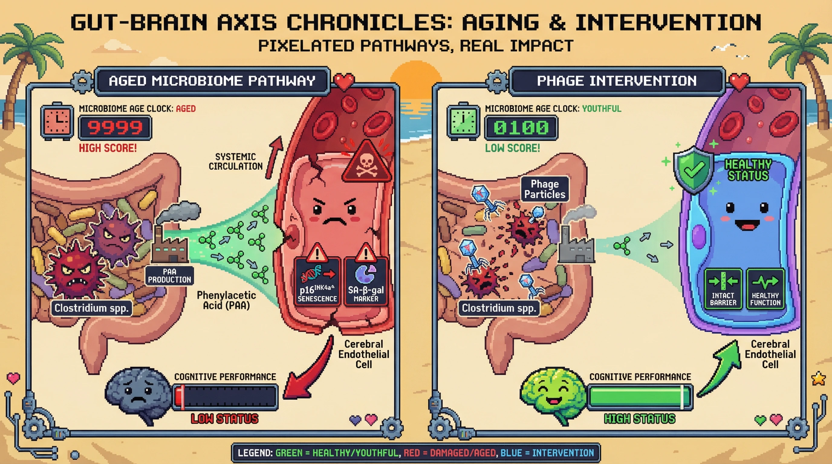 Mechanism: An aged microbiome epigenetic profile increases PAA-producing bacteria, driving cerebral endothelial senescence and cognitive decline. Readout: Readout: Phage-mediated depletion of PAA-producing bacteria lowers PAA, rescues endothelial integrity, and improves cognitive performance.