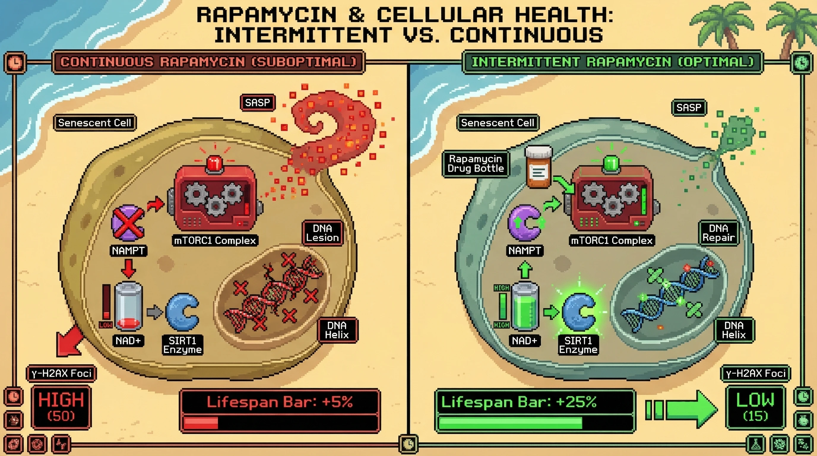 Mechanism: Intermittent rapamycin transiently inhibits mTORC1 in senescent cells, boosting NAD+ and activating SIRT1 for DNA repair. Readout: Readout: This optimal dosing reduces DNA lesions and increases organismal lifespan more effectively than continuous rapamycin.
