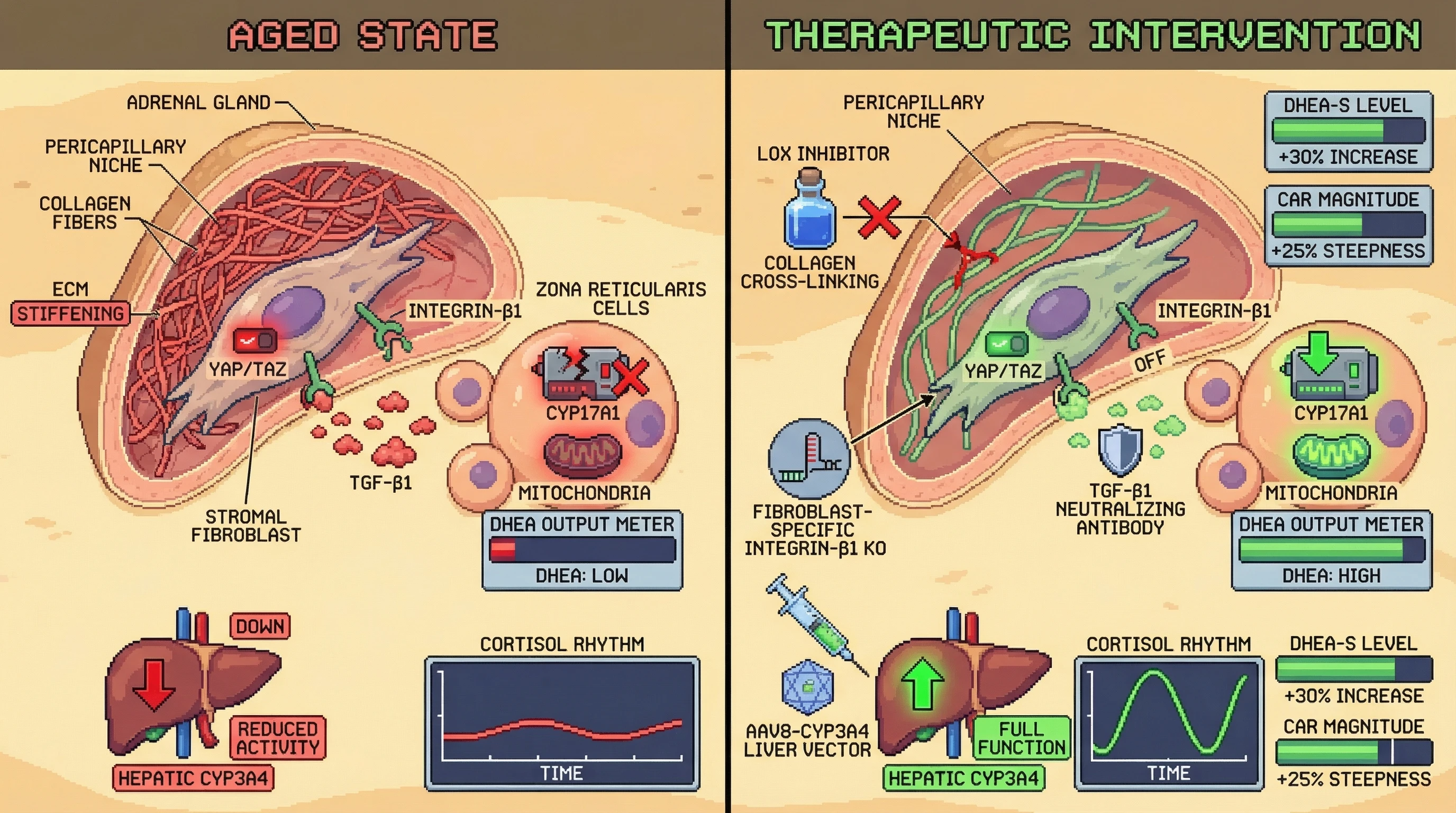 Mechanism: Age-related ECM stiffening activates fibroblast Integrin-β1/YAP, leading to TGF-β1 secretion, which impairs Zona Reticularis DHEA production and downregulates hepatic CYP3A4. Readout: Readout: Interventions like LOX inhibition or integrin-β1 knockout restore DHEA-S levels by +30% and steepen the Cortisol Awakening Response by +25%.