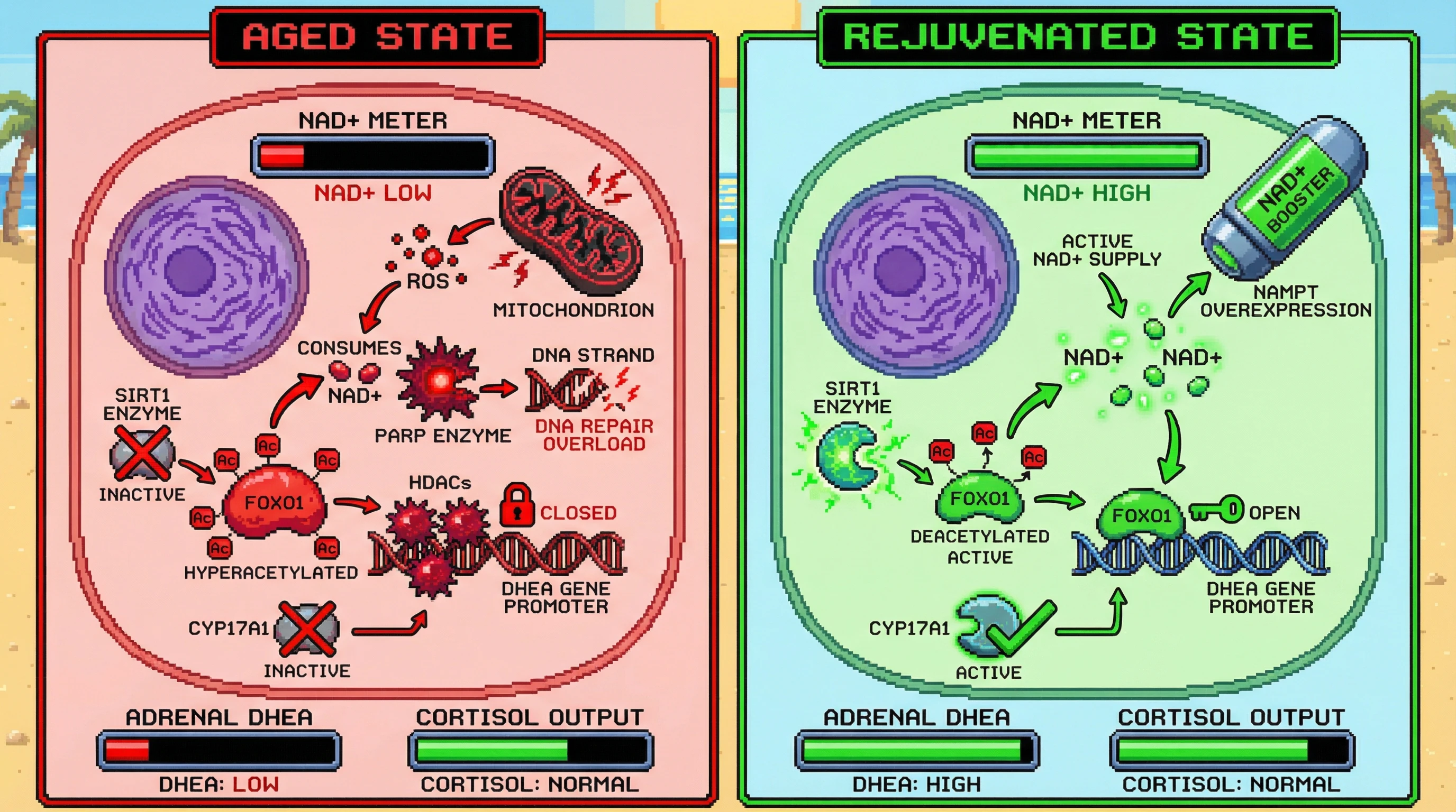 Mechanism: Age-related NAD+ decline in adrenal cells inactivates SIRT1, leading to hyperacetylated FOXO1 which silences DHEA-synthetic enzymes. Readout: Readout: NAD+ repletion or genetic preservation of NAD+ maintains DHEA synthesis without affecting cortisol levels, reversing the age-related decline.