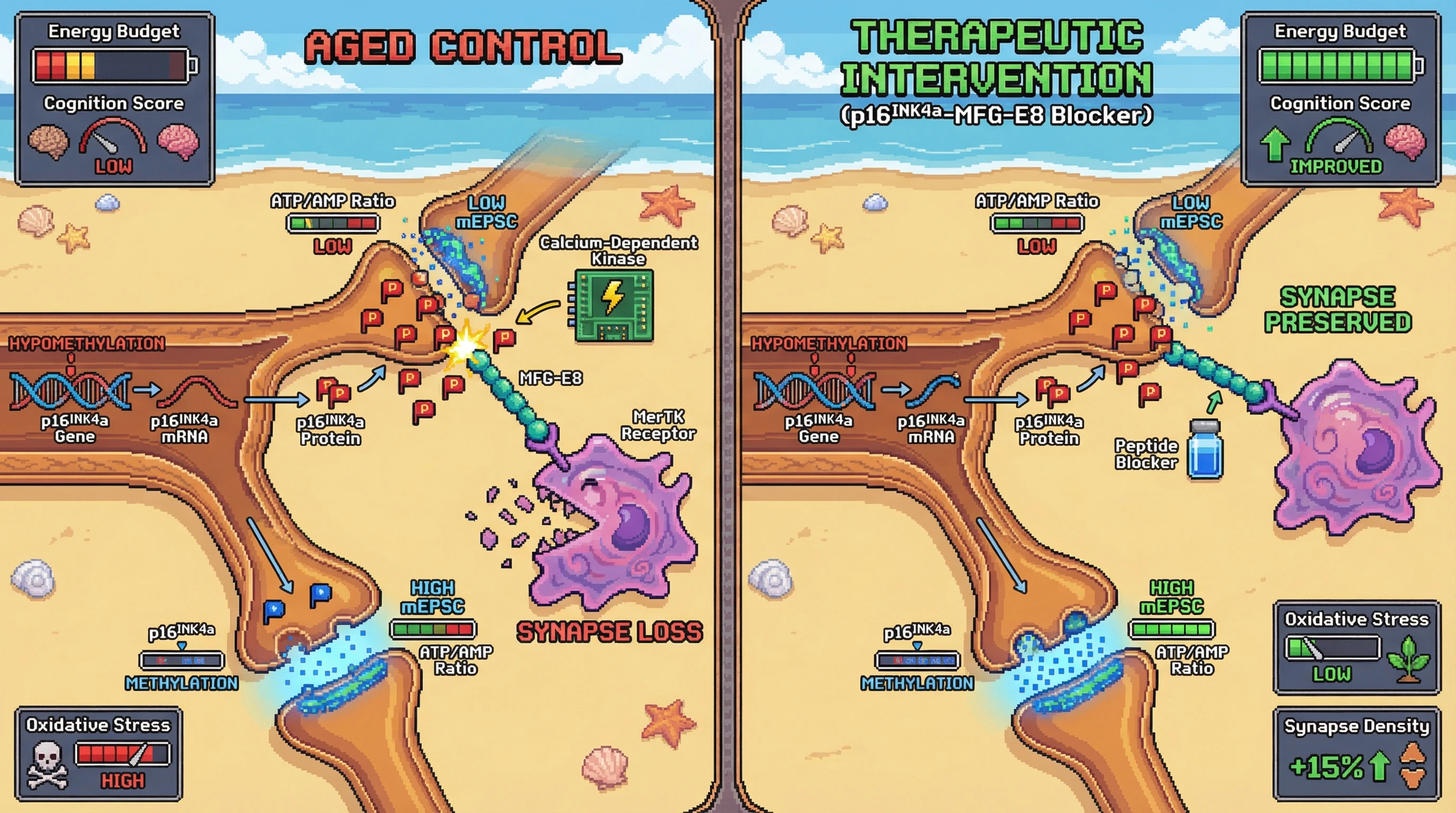 Infographic for: Neuronal p16INK4a as an activity‑dependent sensor that removes inefficient synapses during aging
