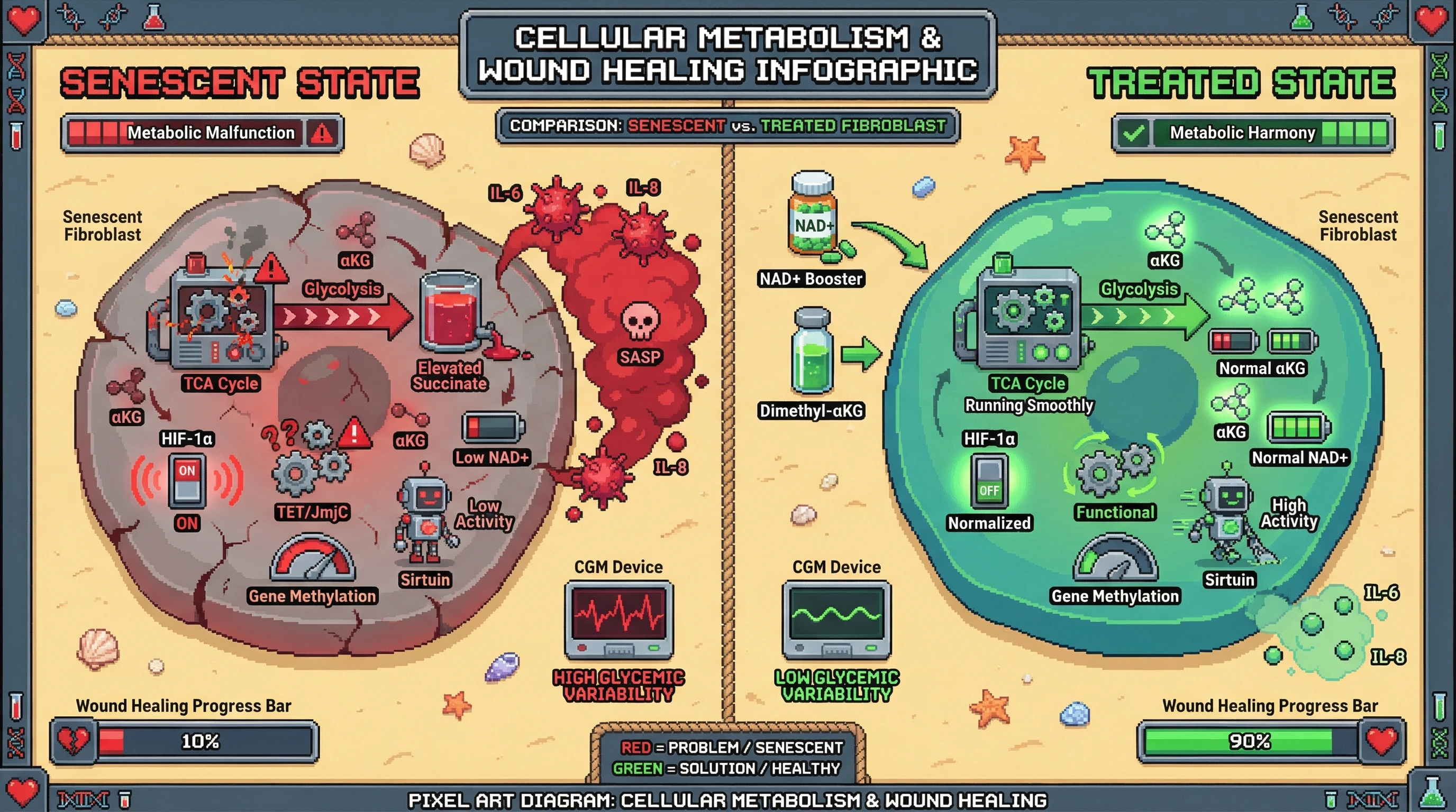 Mechanism: Senescent cells deplete αKG and NAD+, leading to HIF-1α stabilization, impaired gene regulation, and systemic inflammation. Readout: Readout: This metabolic imbalance results in high glycemic variability and delayed wound healing, reversible by NAD+ or αKG boosting.