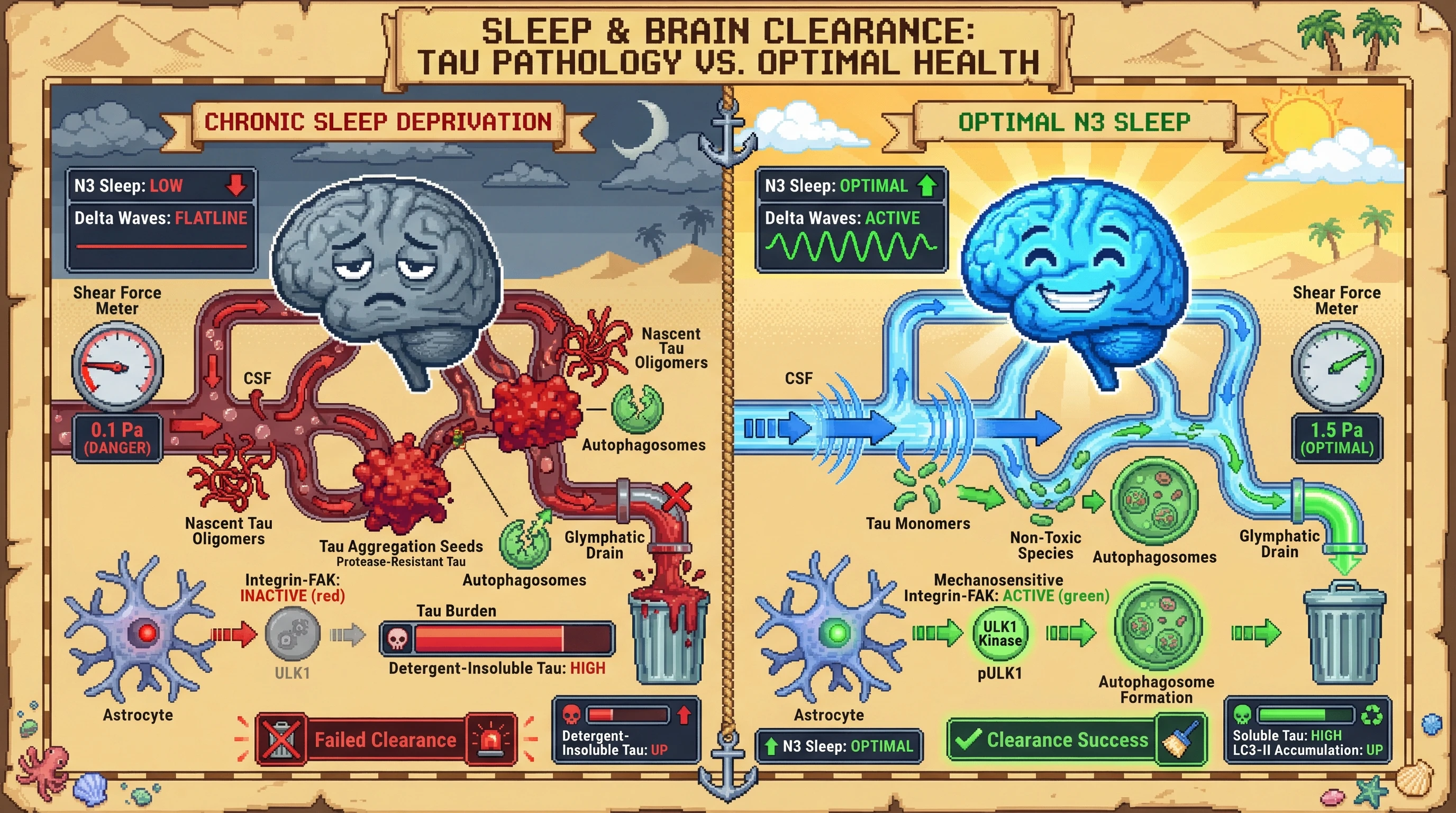 Infographic for: Mechanical Shear during Sleep-Driven Glymphatic Flow Disrupts Nascent Tau Oligomers and Primes Autophagic Clearance