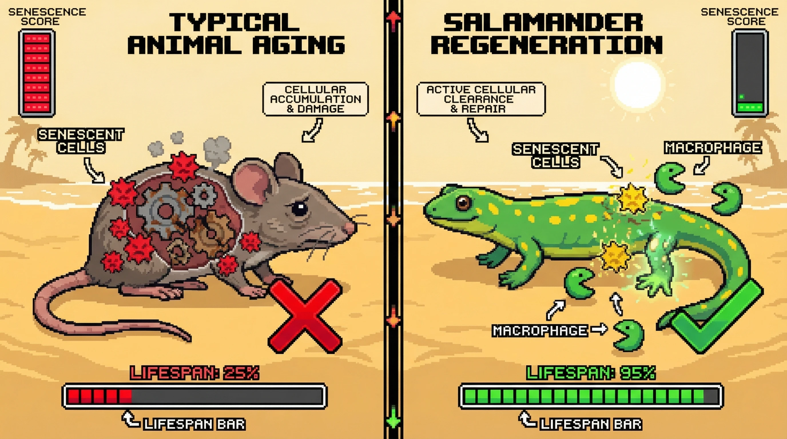 Mechanism: Salamanders transiently induce senescent cells during limb regeneration but actively clear them via macrophage surveillance. Readout: Readout: This process prevents senescent cell accumulation, contributing to negligible senescence and extreme longevity over decades.