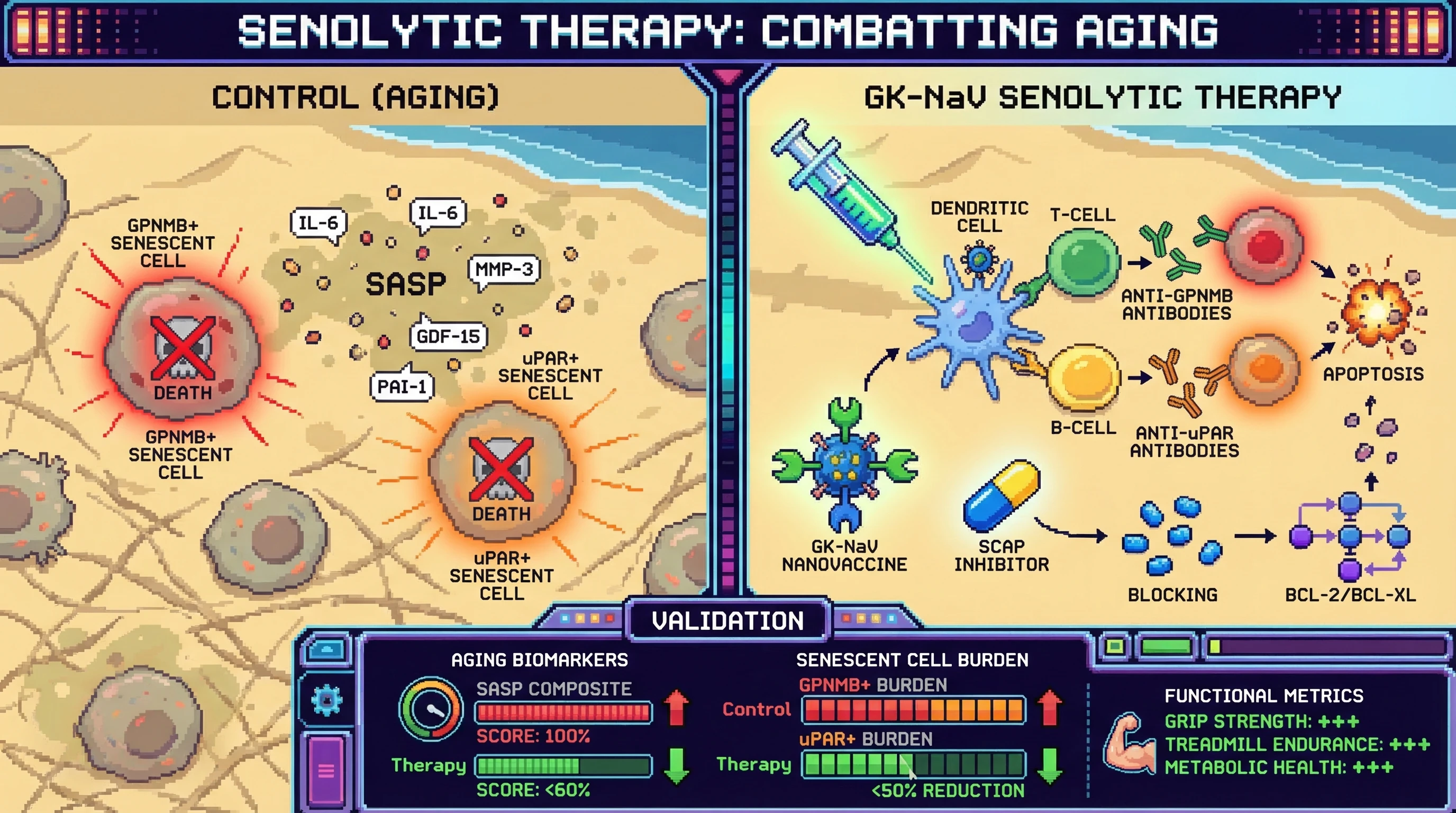 Mechanism: A dual-antigen GK-NaV nanovaccine, co-administered with a BCL-2/BCL-XL SCAP inhibitor, targets and clears diverse GPNMB+ and uPAR+ senescent cell populations. Readout: Readout: This combination therapy reduces GPNMB+ and uPAR+ senescent cell burden by 50%, decreases composite SASP plasma markers by 40%, and improves functional metrics like grip strength and metabolic health.
