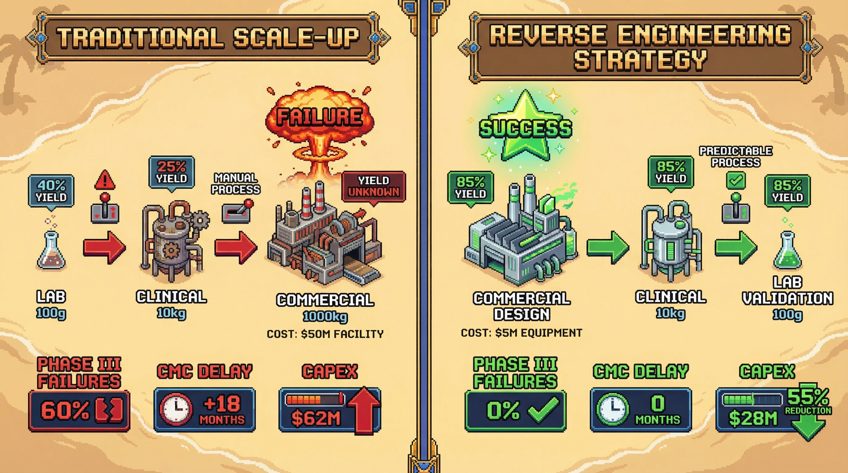 Infographic for: Clinical Manufacturing Scale-Up Is Backwards—Start with Commercial Process, Scale Down for Trials