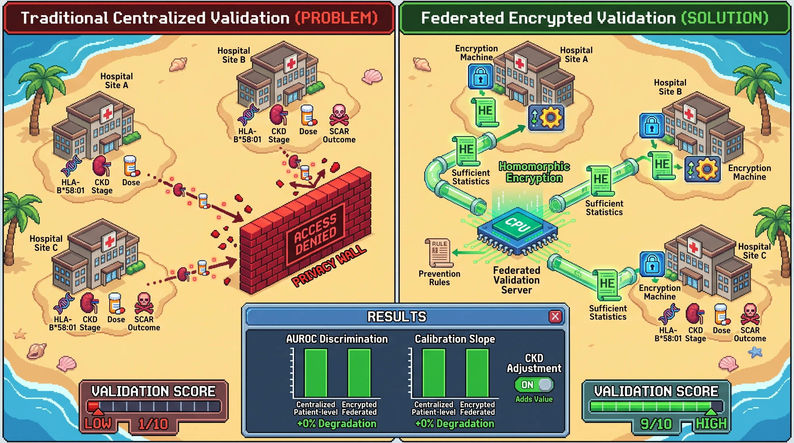 Infographic for: Hypothesis: Homomorphically encrypted CKD-adjusted HLA-B*58:01 screening models can preserve external validation of allopurinol SCAR prevention rules across decentralized gout cohorts