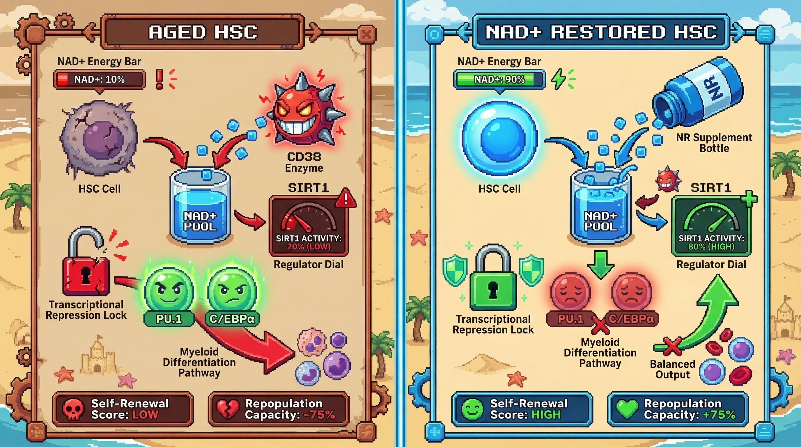 Mechanism: In aged HSCs, NAD+ decline due to CD38 activity reduces SIRT1, lifting repression on PU.1/C/EBPα and promoting myeloid differentiation. Readout: Readout: NAD+ restoration increases SIRT1, represses differentiation factors, and improves long-term repopulation capacity by 75%.