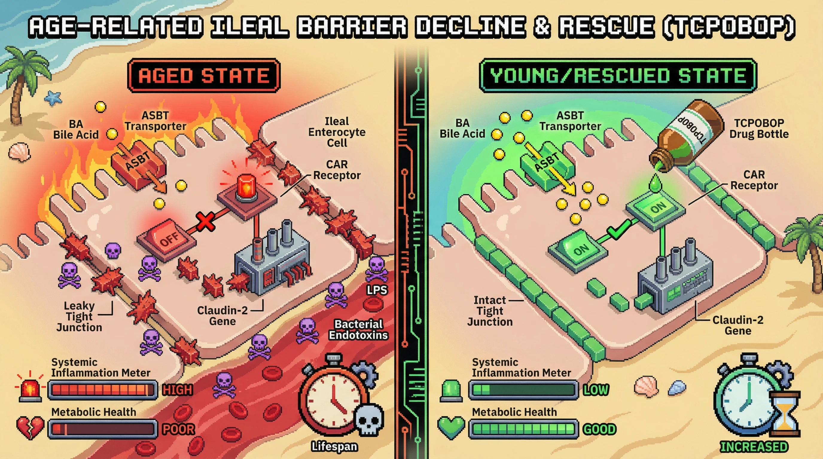 Infographic for: Age-Dependent Ileal ASBT Loss Drives Intestinal Hyperpermeability via CAR-Mediated Claudin-2 Upregulation, Accelerating Metabolic Aging