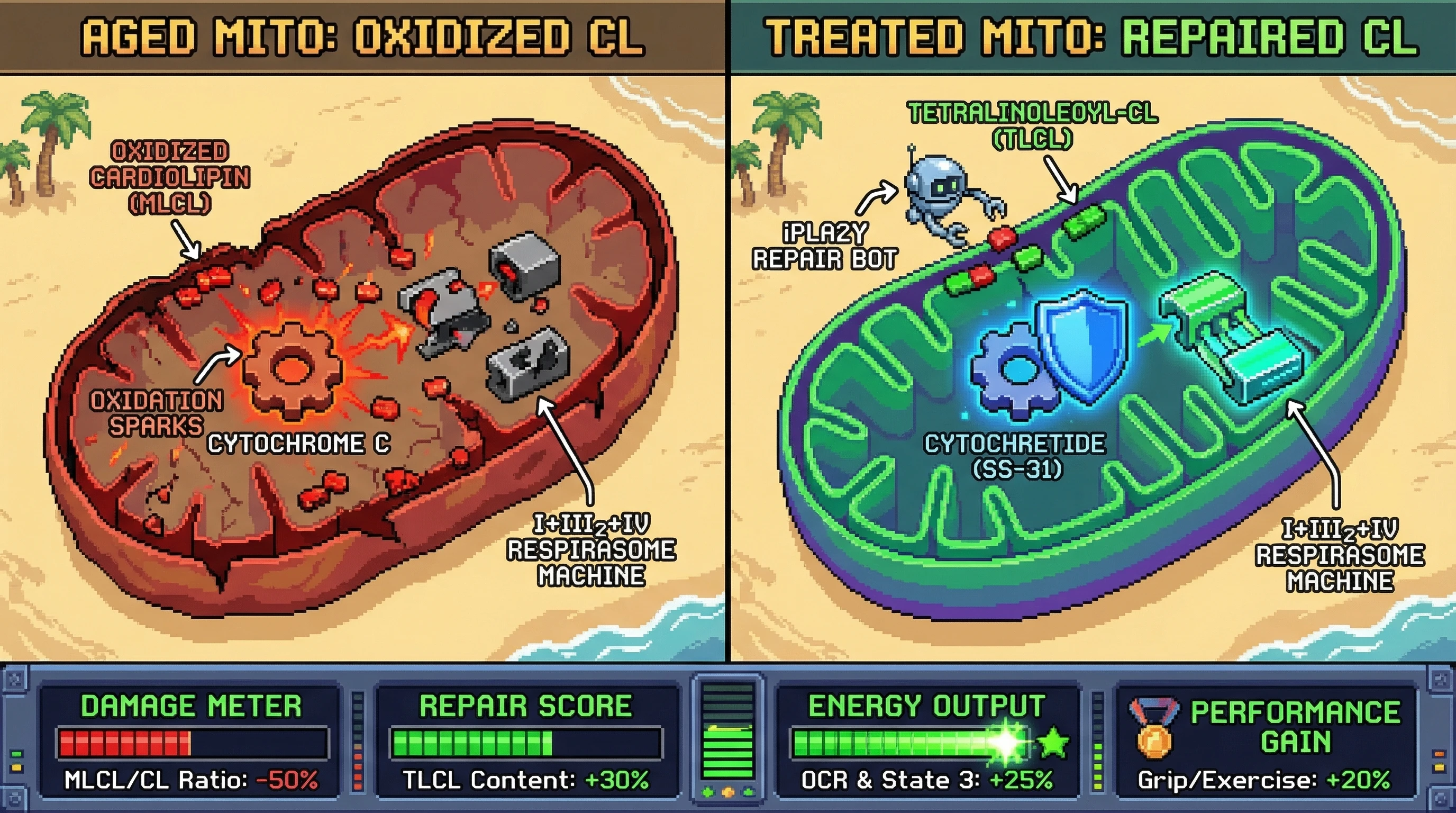 Infographic for: Pre-stratifying aged mice by elevated MLCL/CL ratio and co-administering elamipretide (to halt cytochrome *c* peroxid...