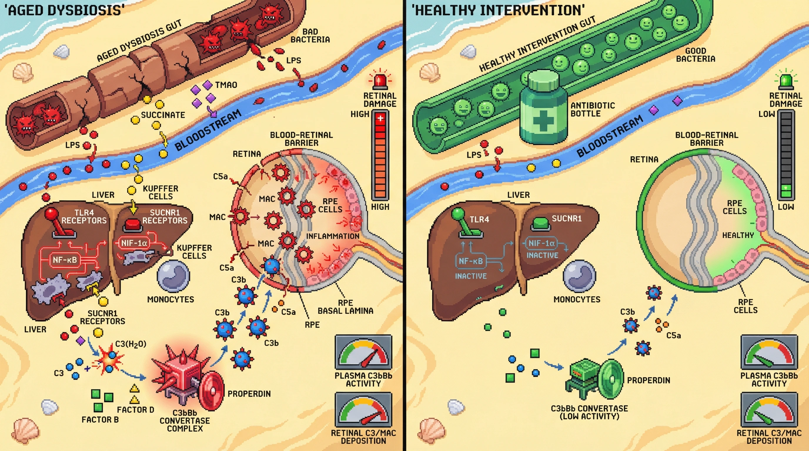 Mechanism: Aged gut dysbiosis increases circulating microbial metabolites like succinate, priming the complement alternative pathway and accelerating C3 activation. Readout: Readout: This leads to elevated retinal C3/MAC deposition and increased retinal damage, which is mitigated by gut-targeted interventions.