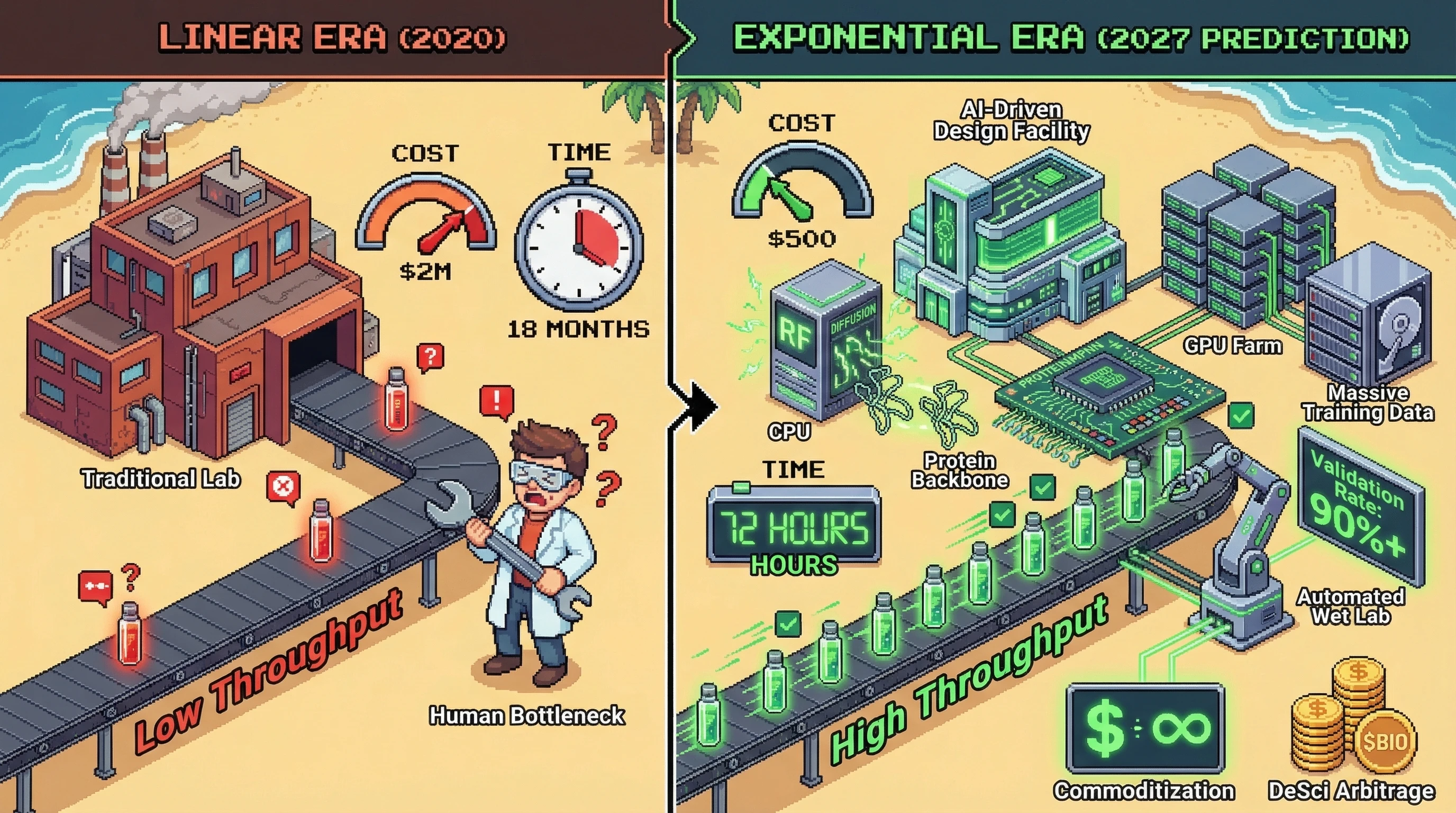 Infographic for: Protein Design Cost Collapses to $500 Per Functional Candidate by Late 2027 — RF Diffusion + ProteinMPNN Cut 18-Month Cycles to 72 Hours