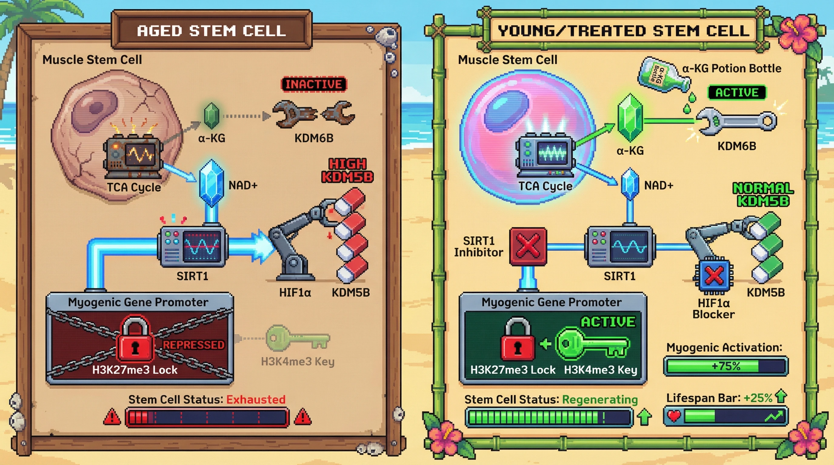 Infographic for: Age-Related TCA Cycle Decline Drives Opposing Dysregulation of KDM5B and KDM6B to Lock Bivalent Chromatin in Stem Cells
