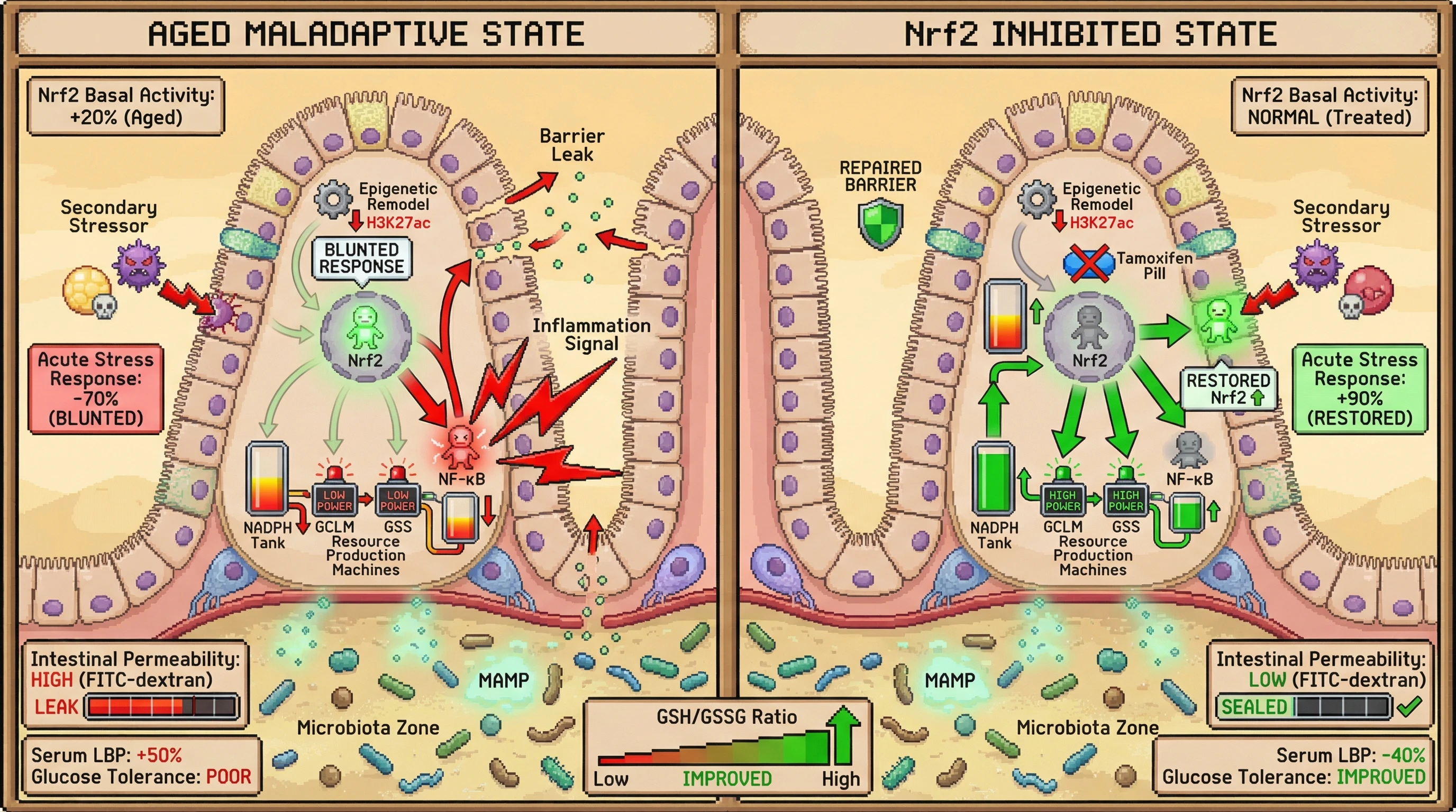 Infographic for: Chronic Low‑Grade Microbiota‑Derived Stress Lowers the Nrf2 Activation Threshold in Aging Enteroendocrine Cells, Turning Protective Hormesis into a Maladaptive, NADPH‑Draining State