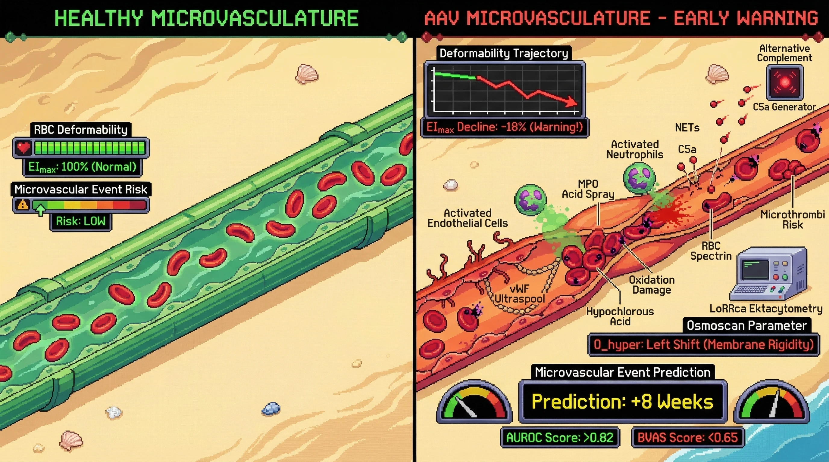 Mechanism: In ANCA-associated vasculitis, NETs and complement activation lead to C5a-mediated endothelial activation and MPO-induced RBC oxidation, causing red blood cells to become rigid and less deformable within capillaries. Readout: Readout: A progressive decline in RBC deformability (EImax -18% and Ohyper left shift) is detected by ektacytometry, predicting microvascular thrombotic events 6-12 weeks before clinical manifestation with high accuracy (AUROC 0.82).