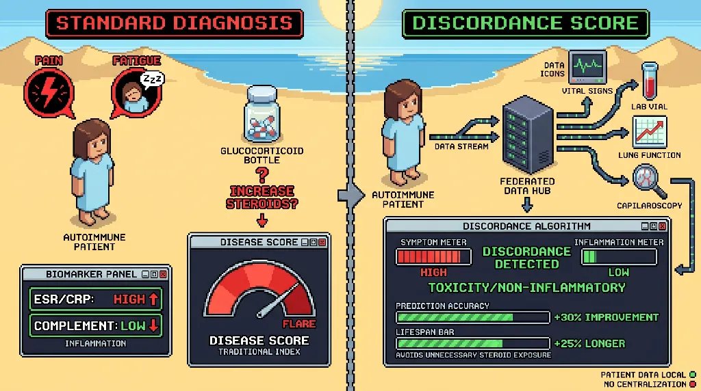 Infographic for: Hypothesis: Federated symptom-biomarker discordance scores can distinguish inflammatory relapse from treatment toxicity across systemic autoimmune disease