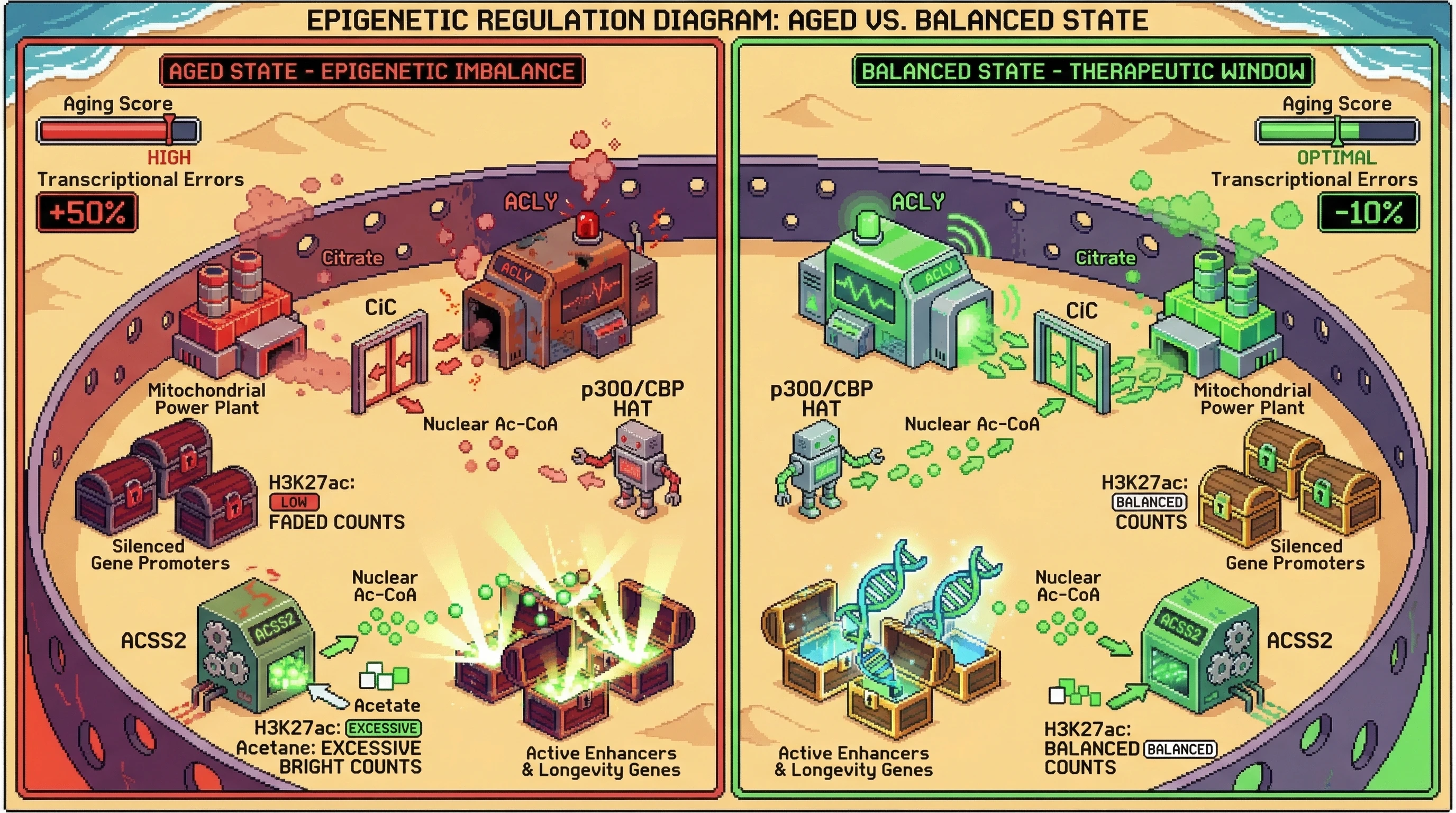 Infographic for: Nuclear Acetyl-CoA Compartment-Switching as a Bidirectional Epigenetic Thermostat of Organismal Aging