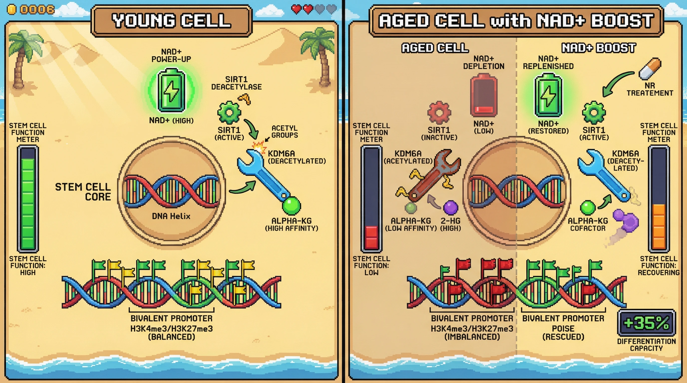 Infographic for: NAD+-SIRT1 Regulation of KDM6A Acetylation Drives Bivalent Domain Loss in Aging Somatic Stem Cells