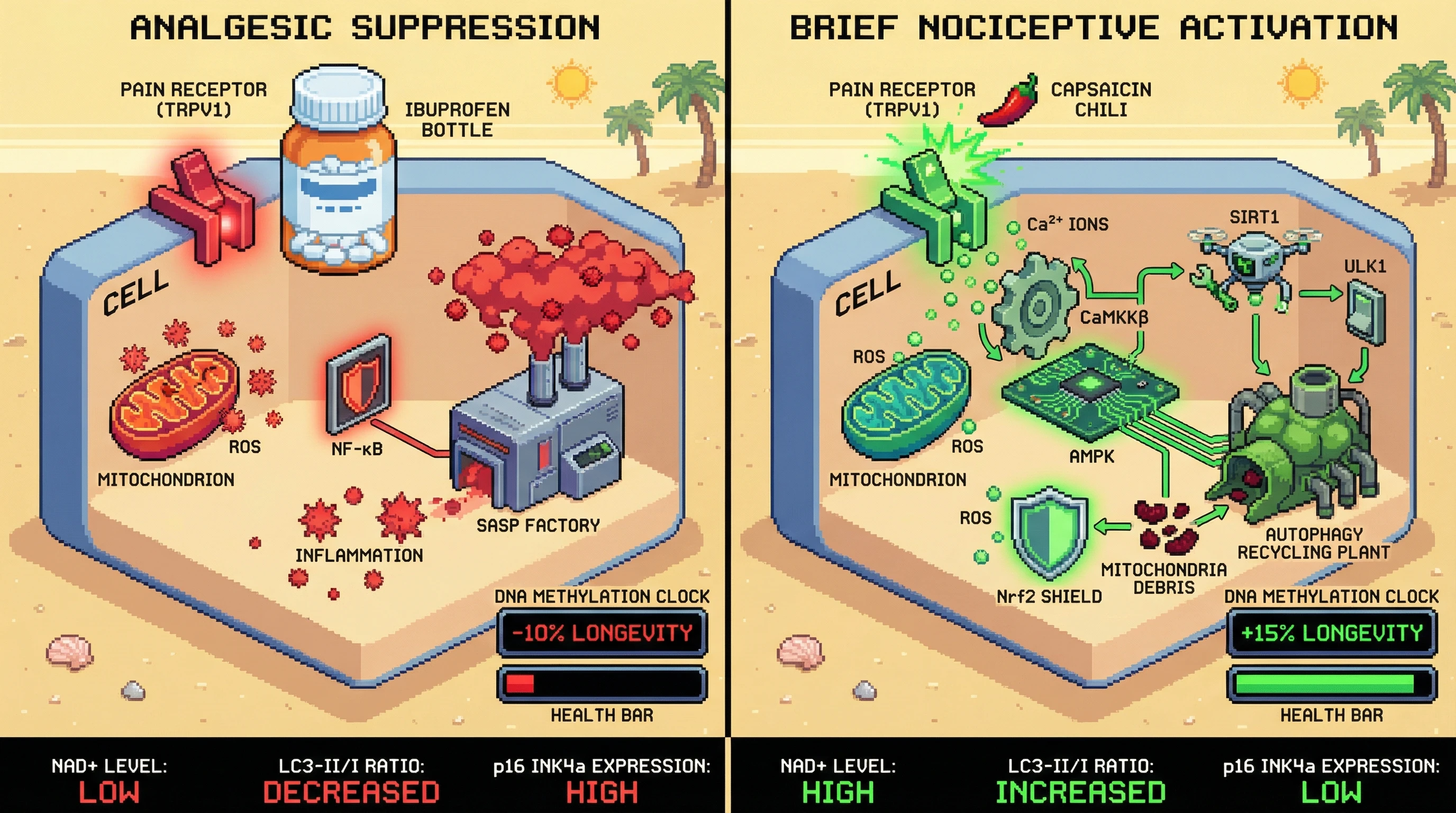 Infographic for: TransientNociceptive Activation as a Mitochondrial Hormetic Signal: Testing Whether Brief Pain Induces Longevity Pathways