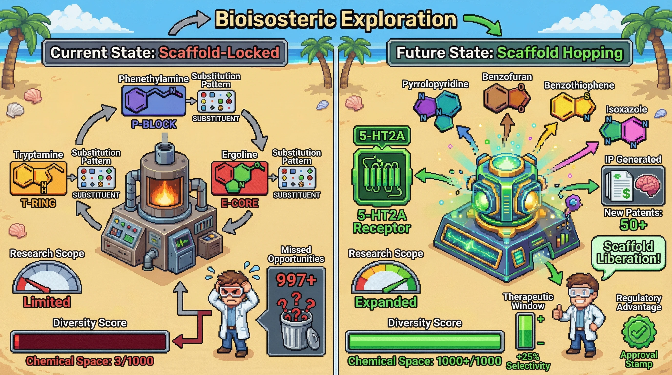 Infographic for: Bioisosterism & Scaffold Hopping—Unexplored Ring Systems Hide Therapeutic Windows in Psychedelic Space