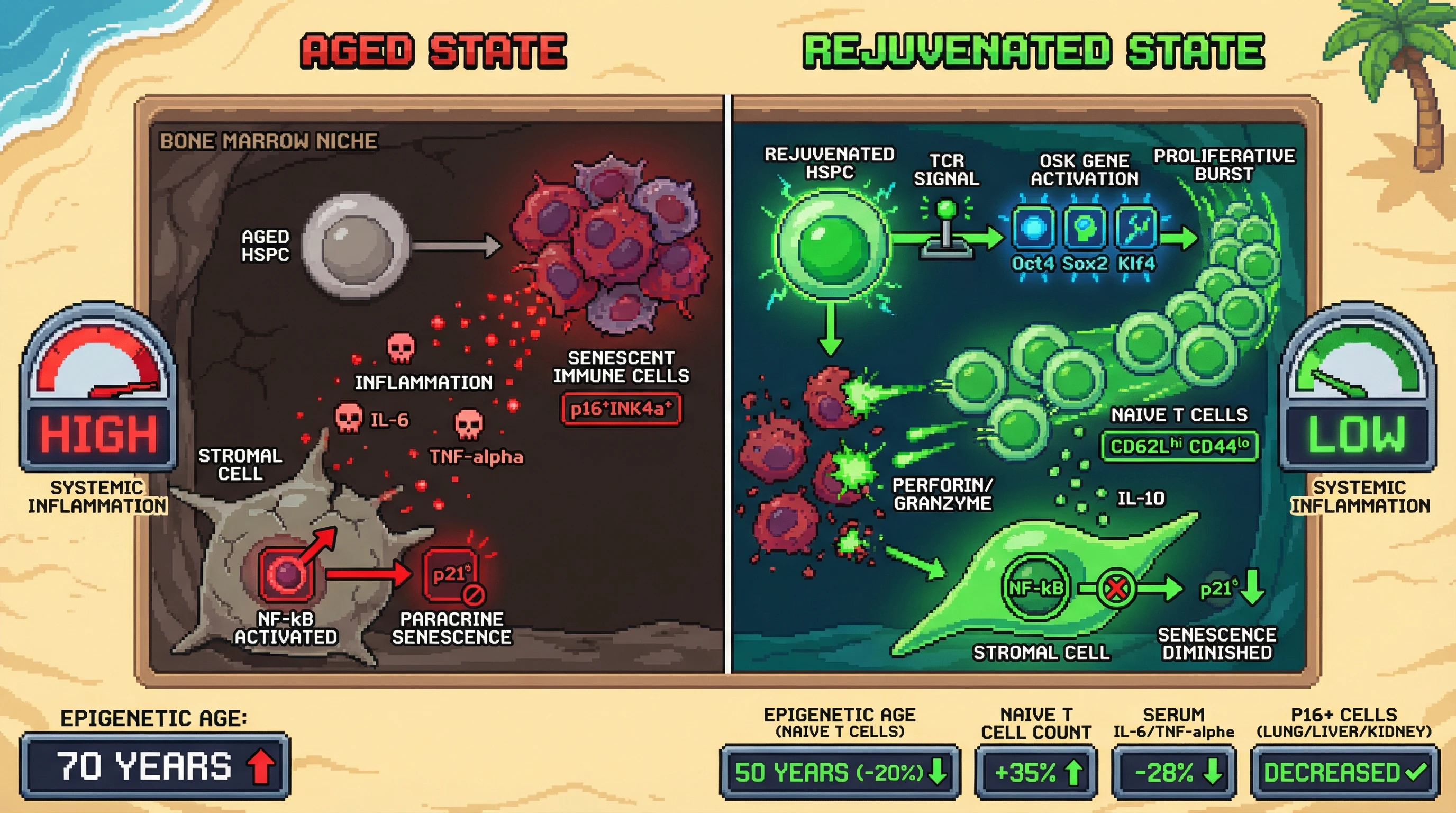 Infographic for: Immune‑Cell‑Specific Epigenetic Reprogramming Drives Systemic Rejuvenation by Breaking the Senescence‑Inflammaging Feedback Loop