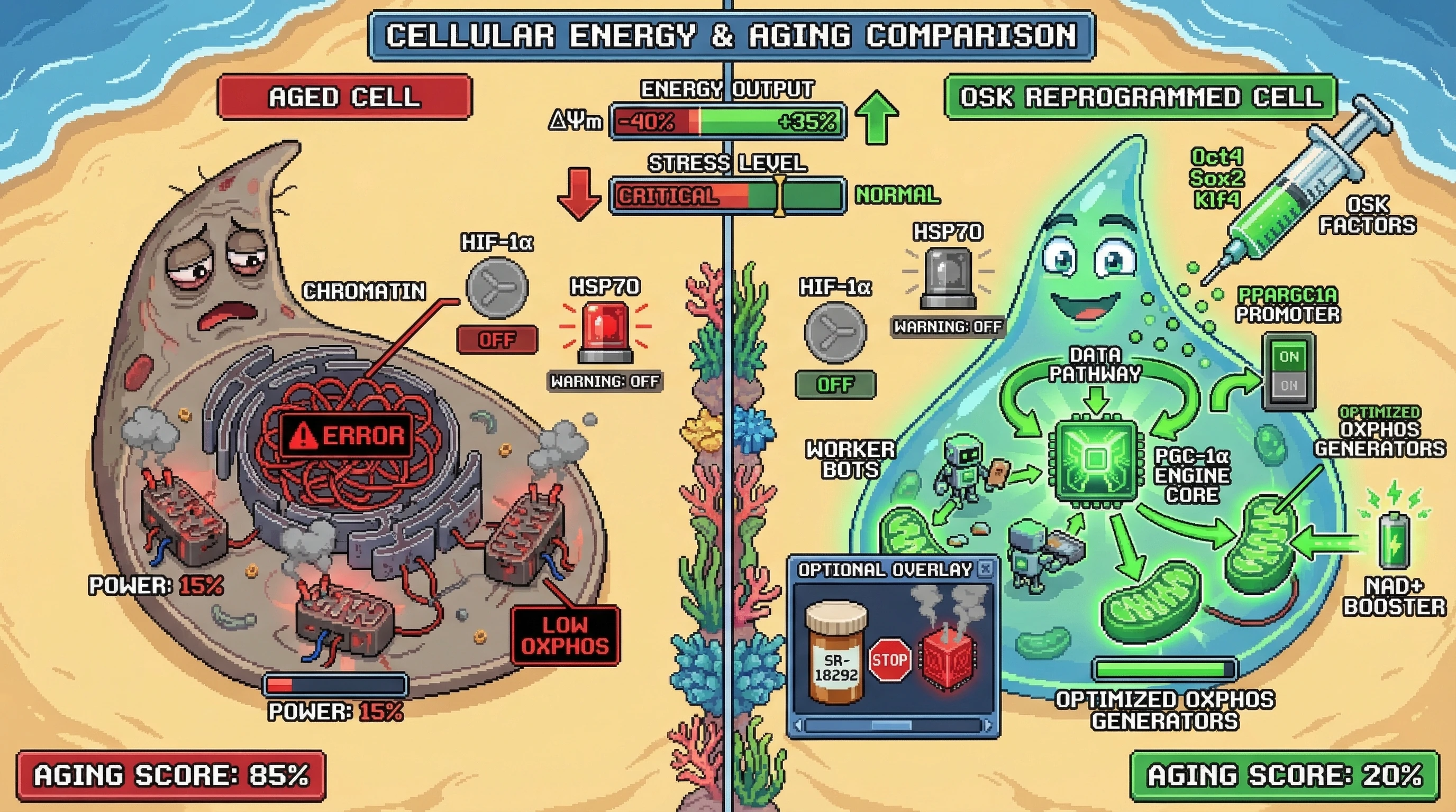 Infographic for: Partial reprogramming drives bona fide mitochondrial repair via PGC‑1α activation independent of HIF‑1α‑mediated hypoxic stress