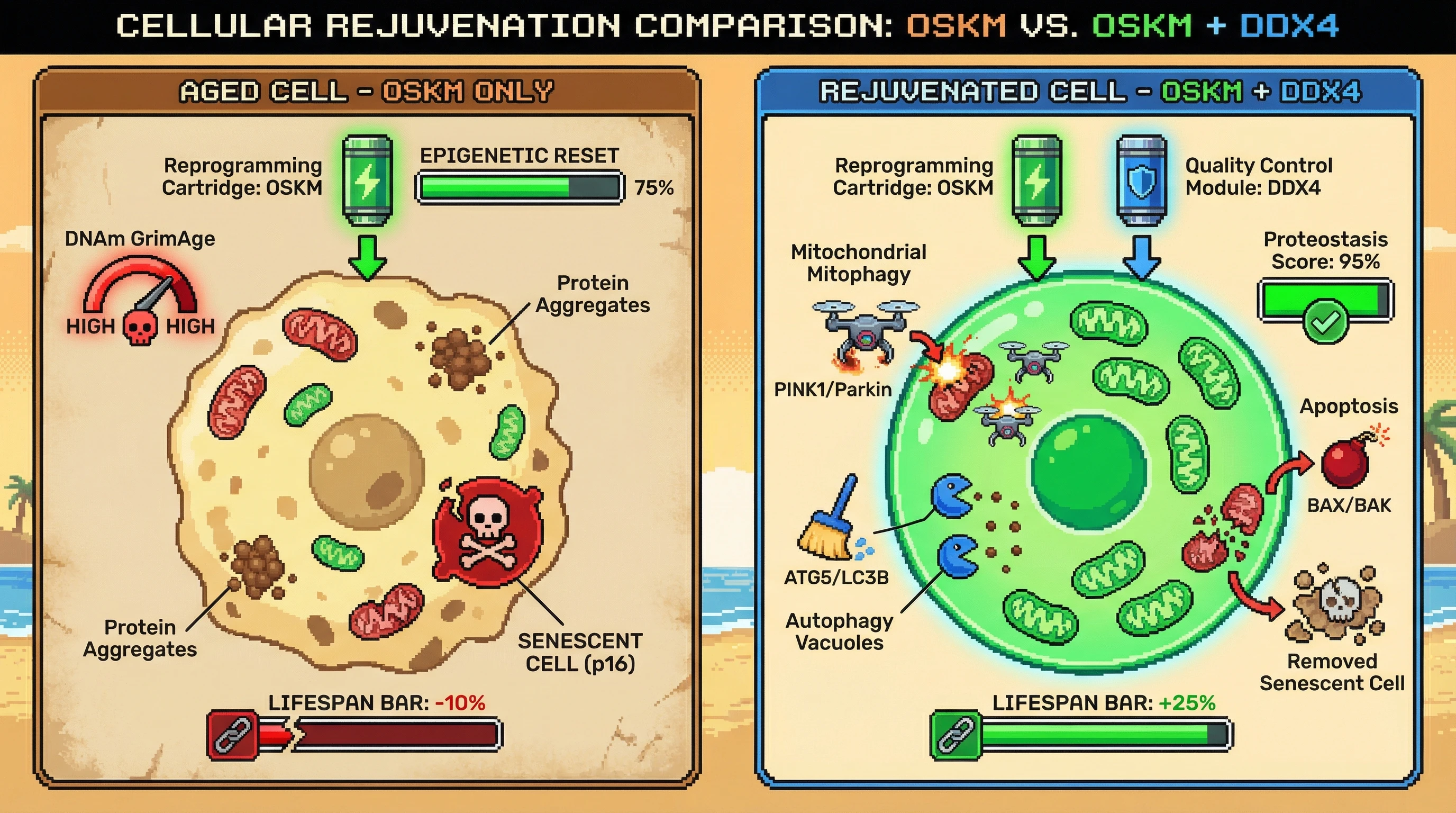 Mechanism: Combining OSKM-mediated epigenetic reprogramming with DDX4-driven germline quality control boosts mitochondrial mitophagy, proteostasis, and senescent cell clearance. Readout: Readout: This synergistic approach significantly reduces epigenetic age and extends median lifespan by 25% beyond OSKM alone.