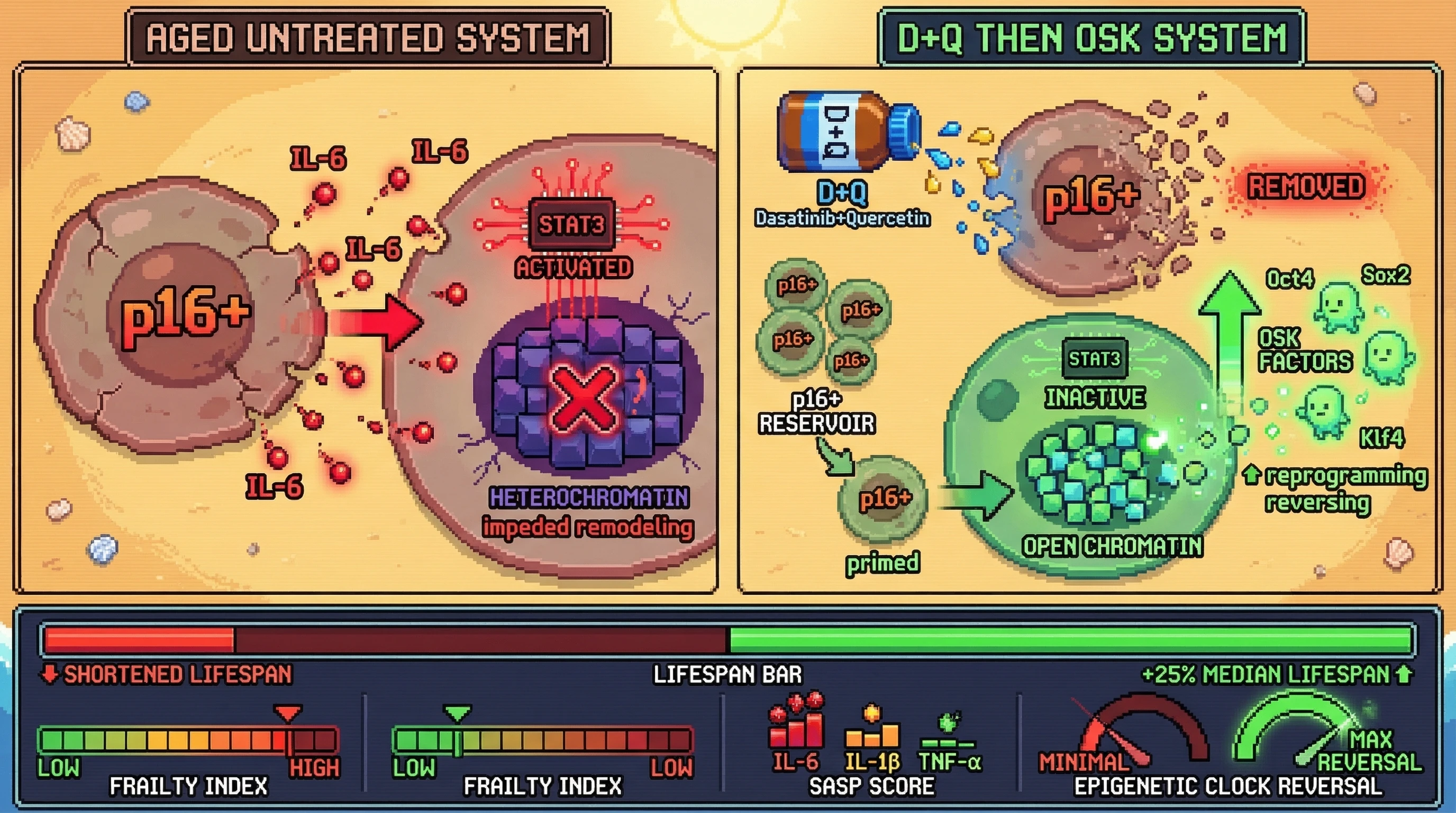 Infographic for: Sequential Senolytic Clearance Followed by Targeted OSK Reprogramming Maximizes Healthspan by Exploiting Senescence‑Driven Reprogramming Potentiation